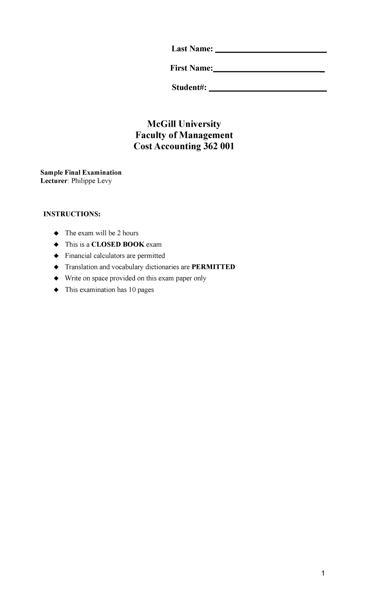 Cost Accounting 362 001 - Sample Final Exam 2022 Notes & Quizzes - Studocu