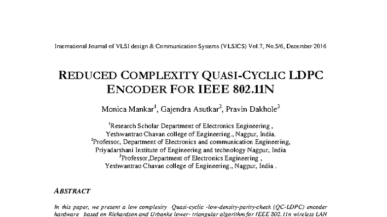Reduced Complexity LDPC Encoder for 802.11n (VLSICS) - Studocu