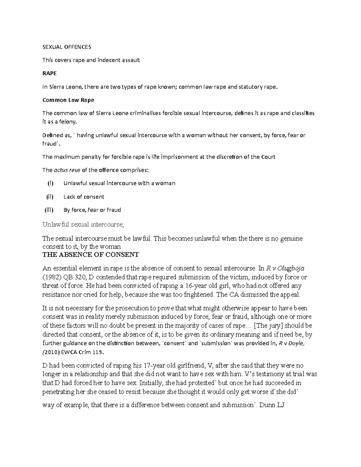 Lecture Notes on Sexual Offences: Rape and Statutory Rape in SL - Studocu