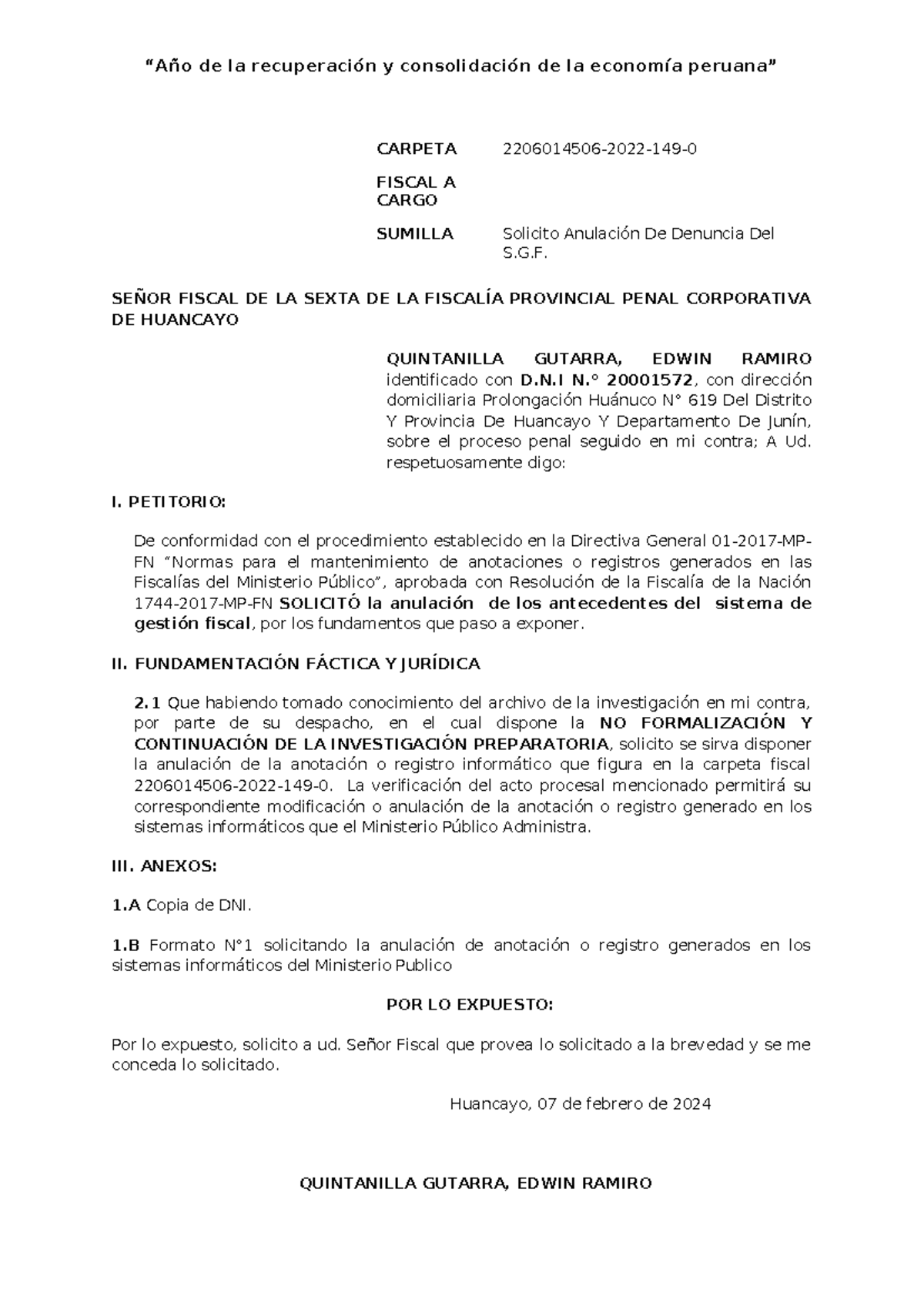Anulación de Antecedentes en Carpeta Fiscal - Caso Edwin Quintanilla - Document Preview