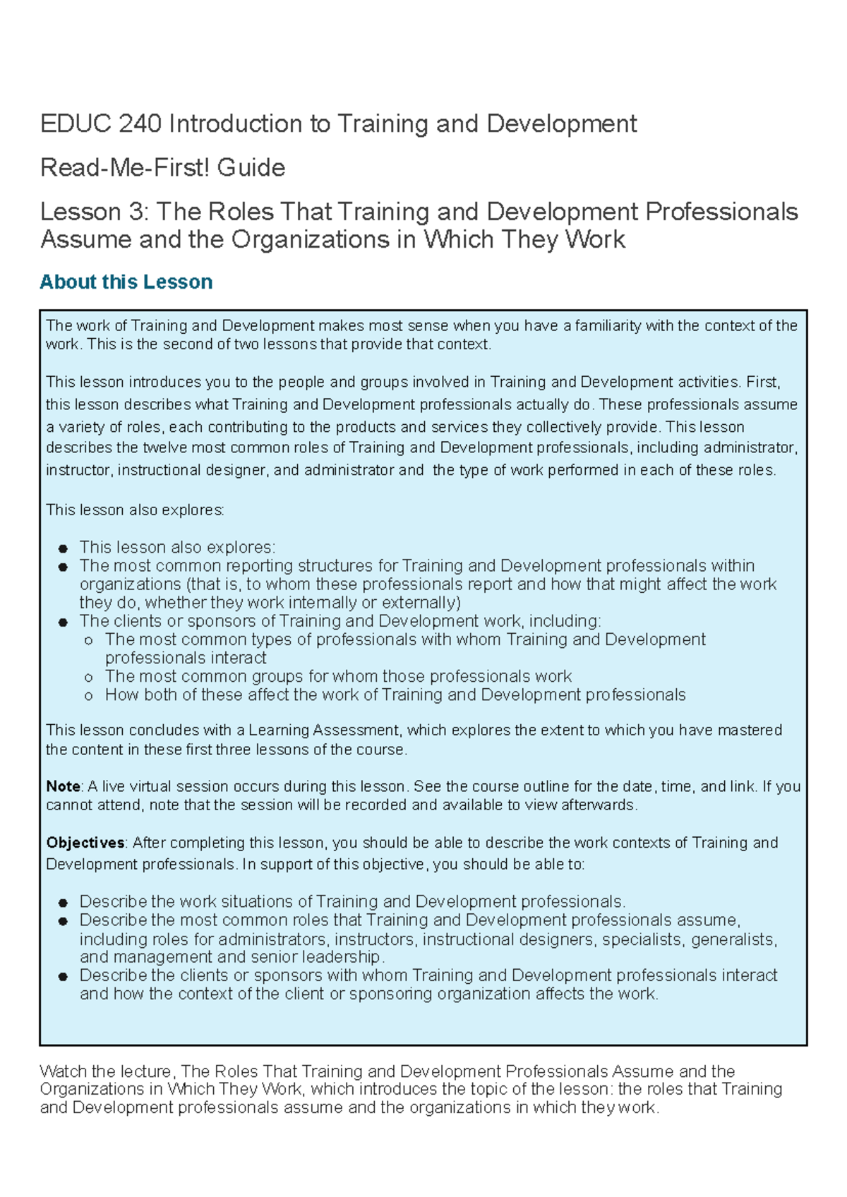 EDUC 240 Lesson 3: Roles of Training & Development Professionals - Studocu