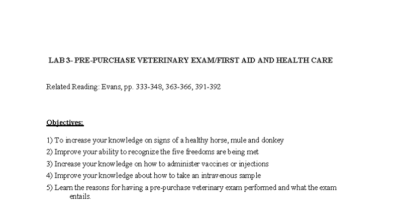 Pre-Purchase Vet Exam & First Aid for Horses (Course Code: LAB VET ...