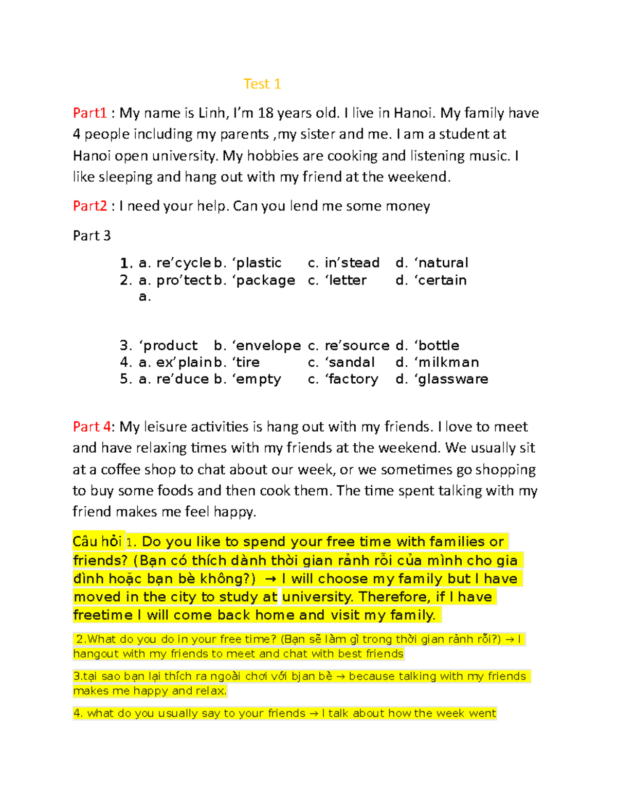 Test 1 - Speaking Practice Exercise - English Language Skills - Studocu