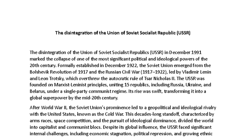 The Disintegration of the USSR: Causes and Consequences - Studocu