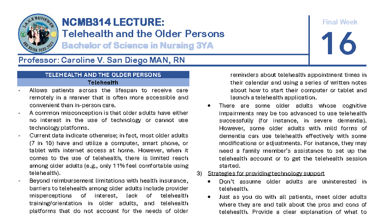 NCMB314 LECTURE: Telehealth Strategies for Older Adults - Studocu