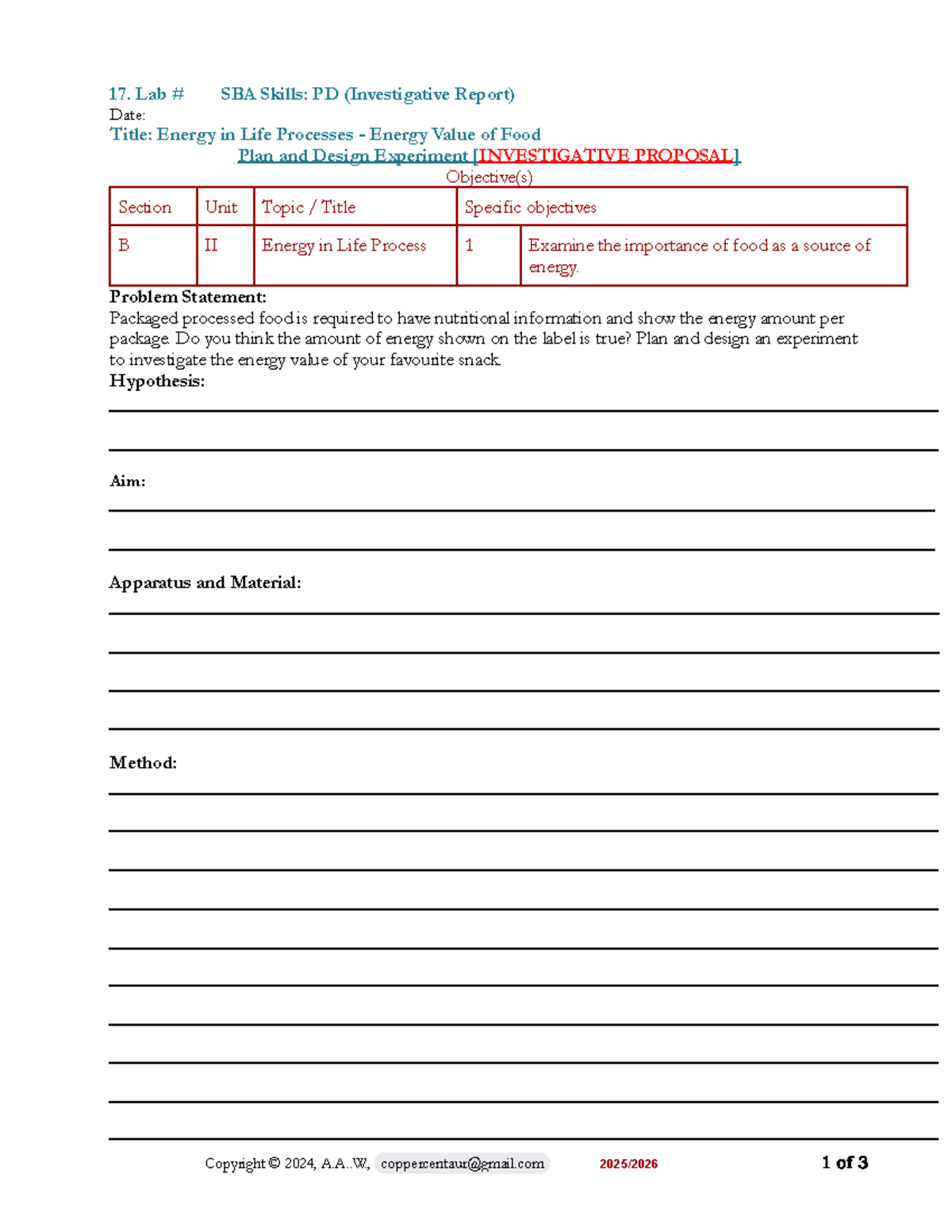 17. Lab SBA Skills: PD (Investigative Report) on Energy Value of Food ...