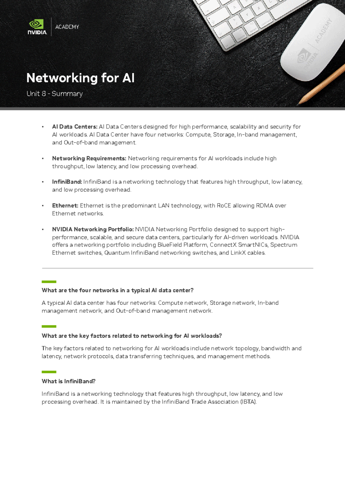 Unit 08 - Networking for AI - Summary.pdf - AI Data Centers: AI Data ...