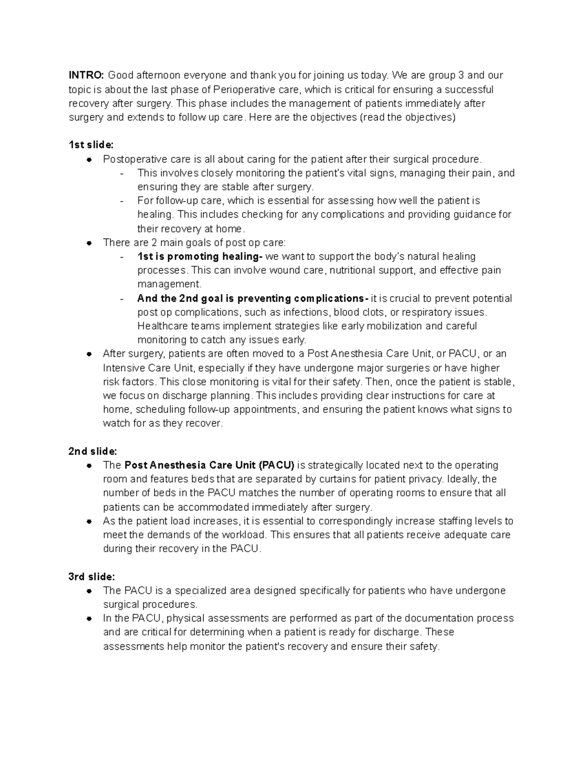 POST OP Care: Key Insights on Recovery & PACU Management - Studocu