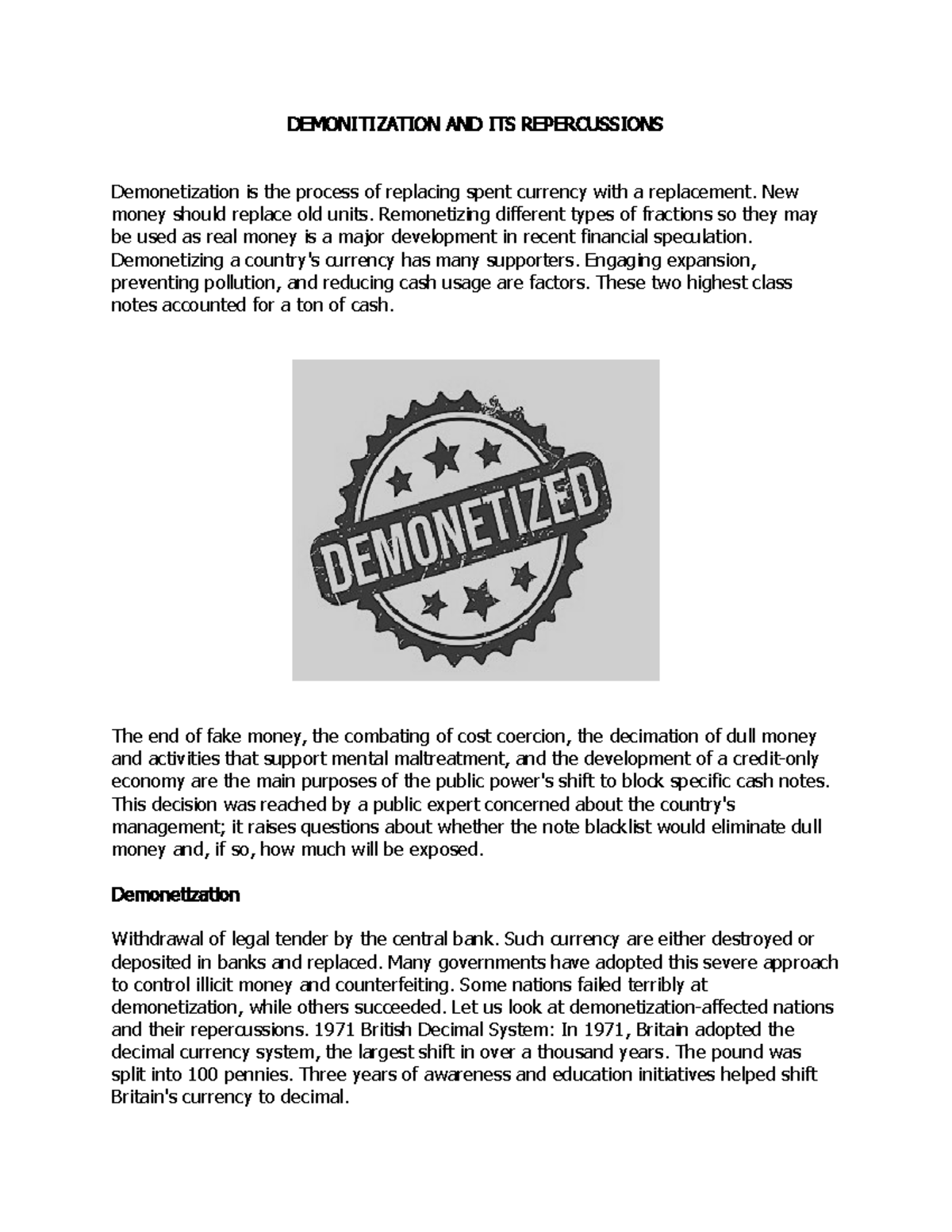 Essay on Demonetization: Analyzing Its Economic Repercussions - Studocu