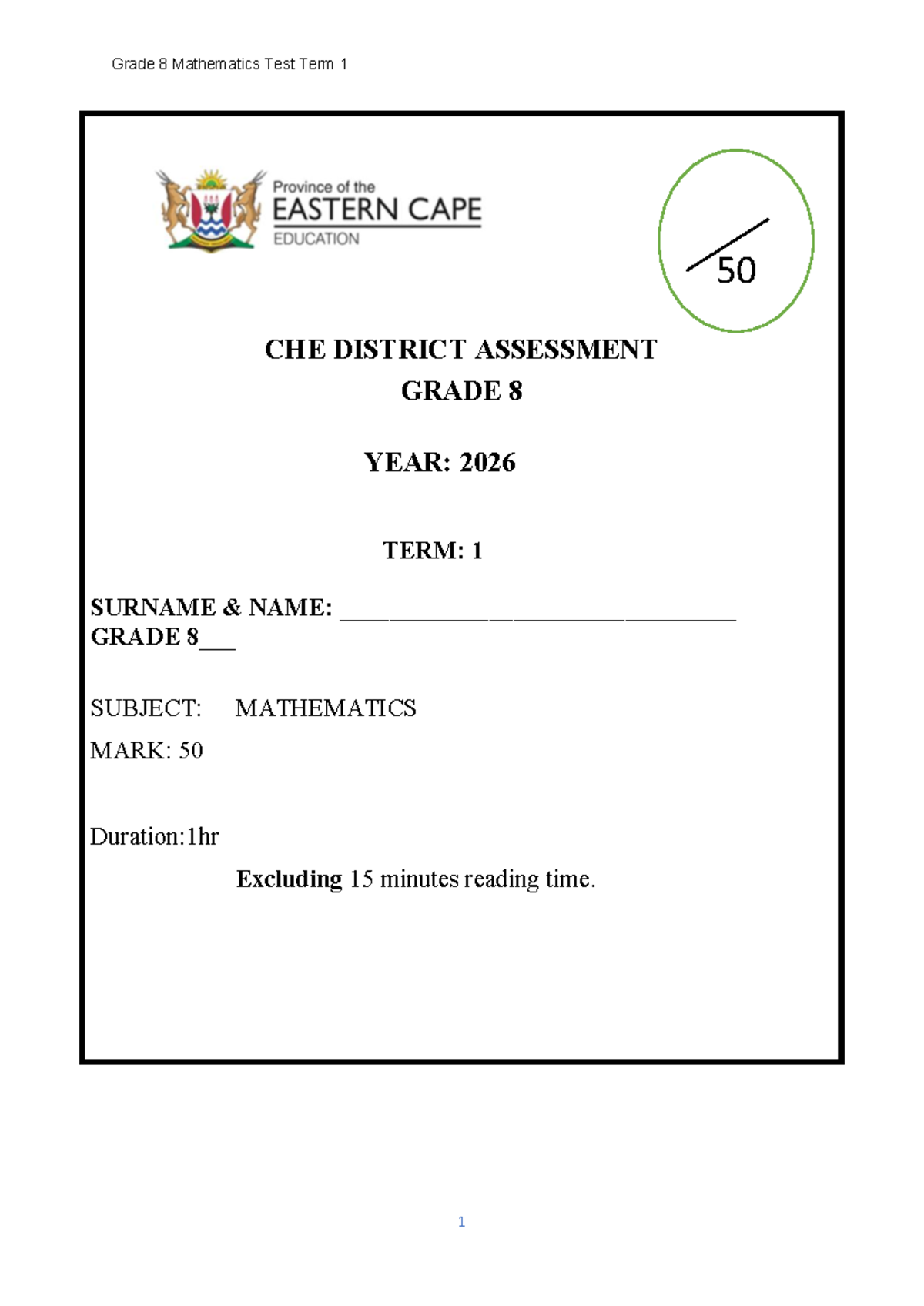 Grade 8 Mathematics Term 1 Test 2026 - EC CHE Assessment - Studocu