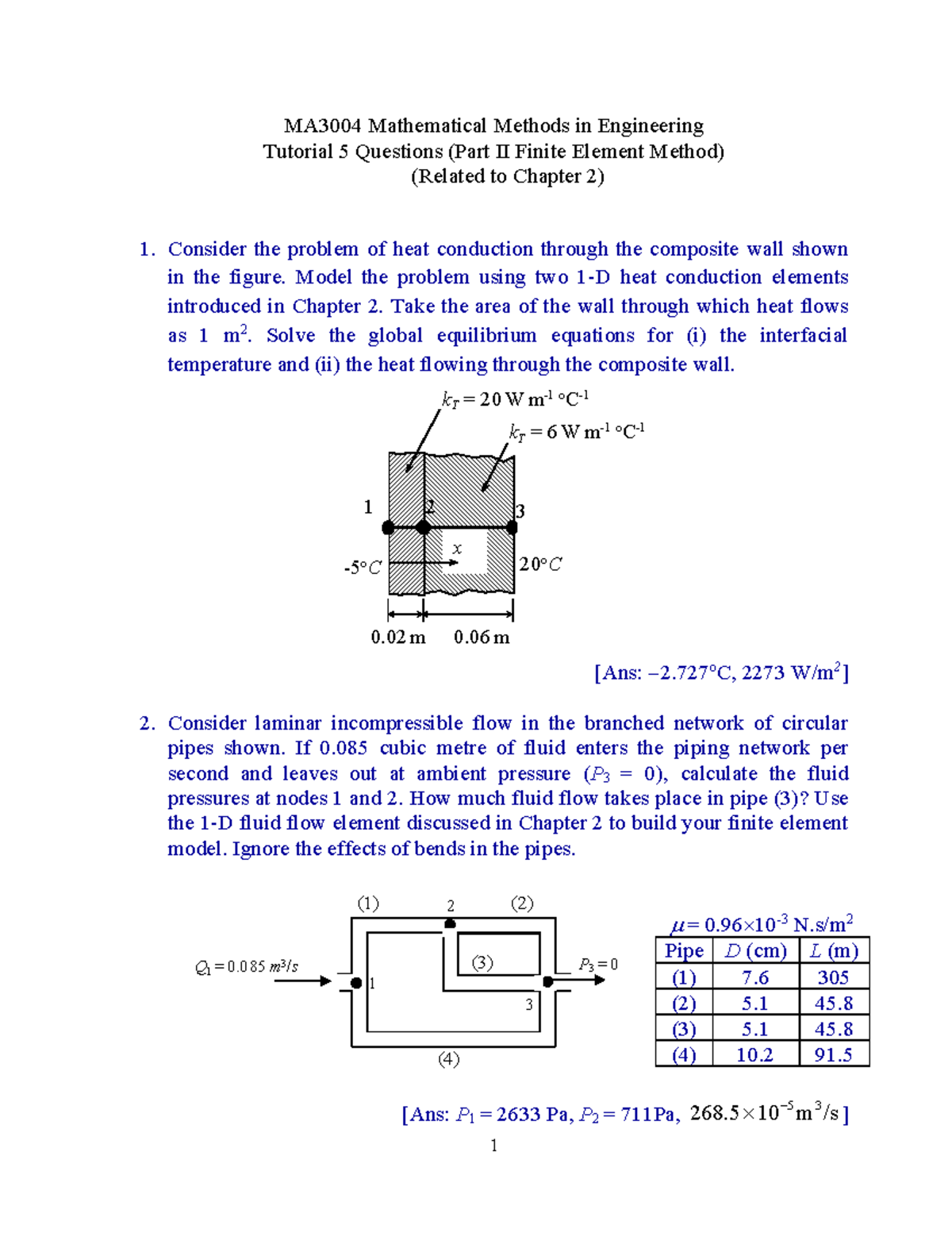 MA3004 Tutorial 5 (FEM) Questions: Heat Conduction & Fluid Flow - Studocu