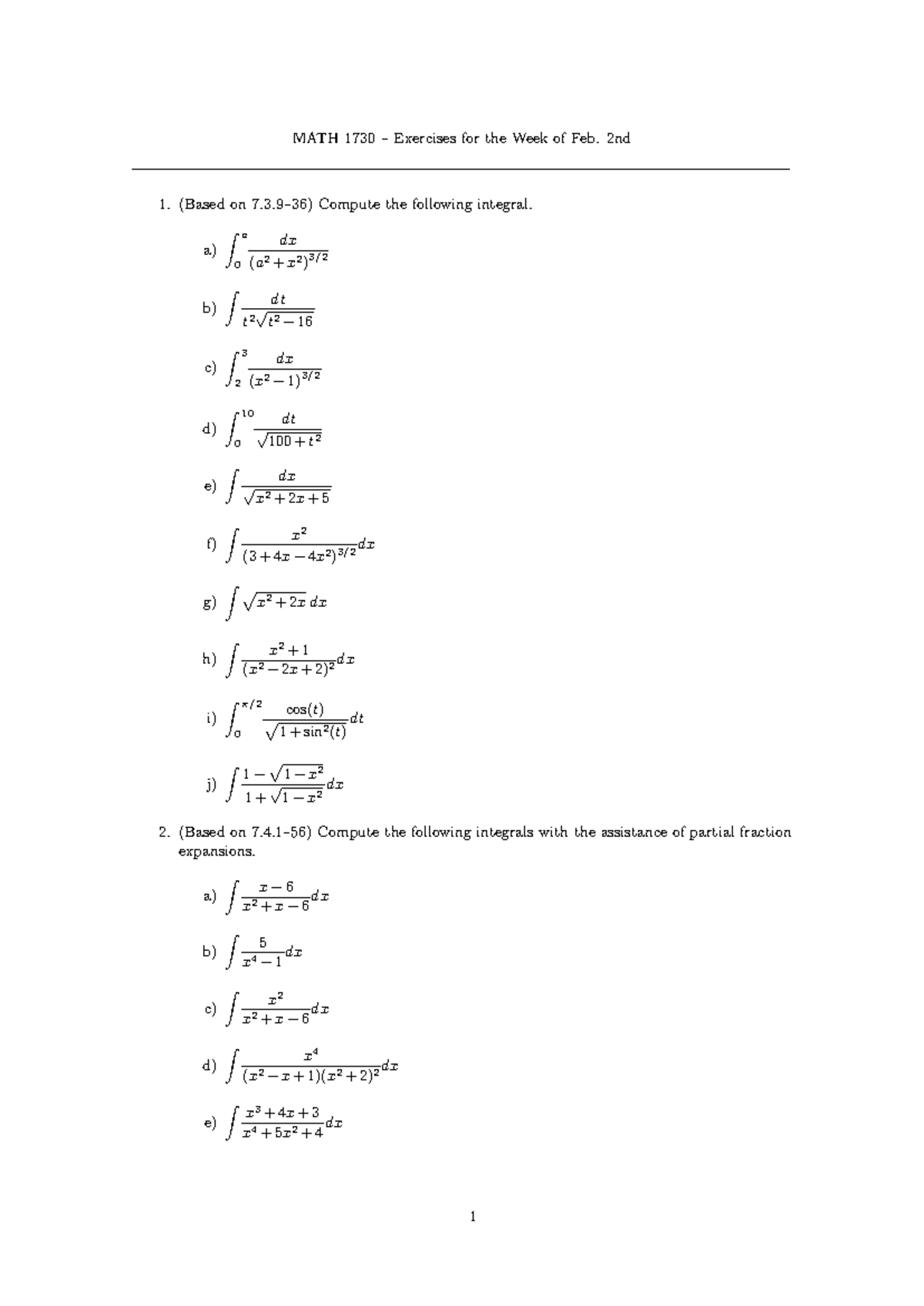 MATH 1730 Exercise Set 5 - Integral Practice for Feb. 2nd - Studocu