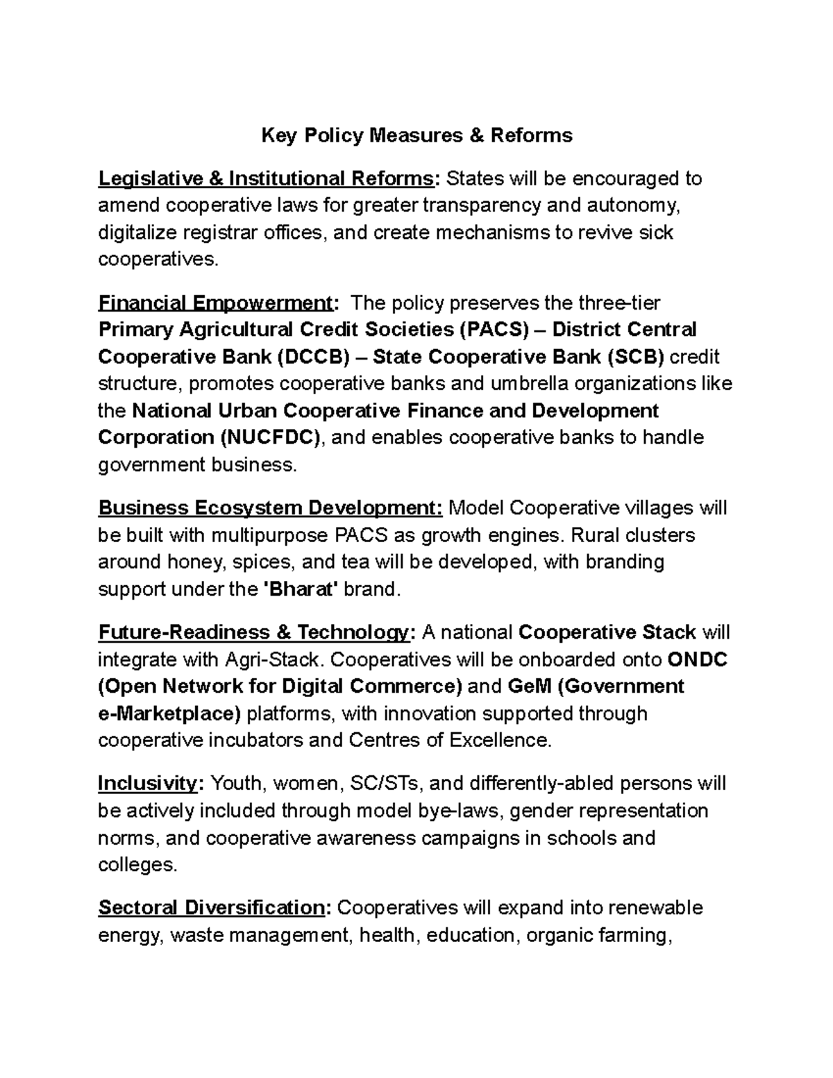 Key Policy Measures & Reforms for Cooperative Development - Studocu