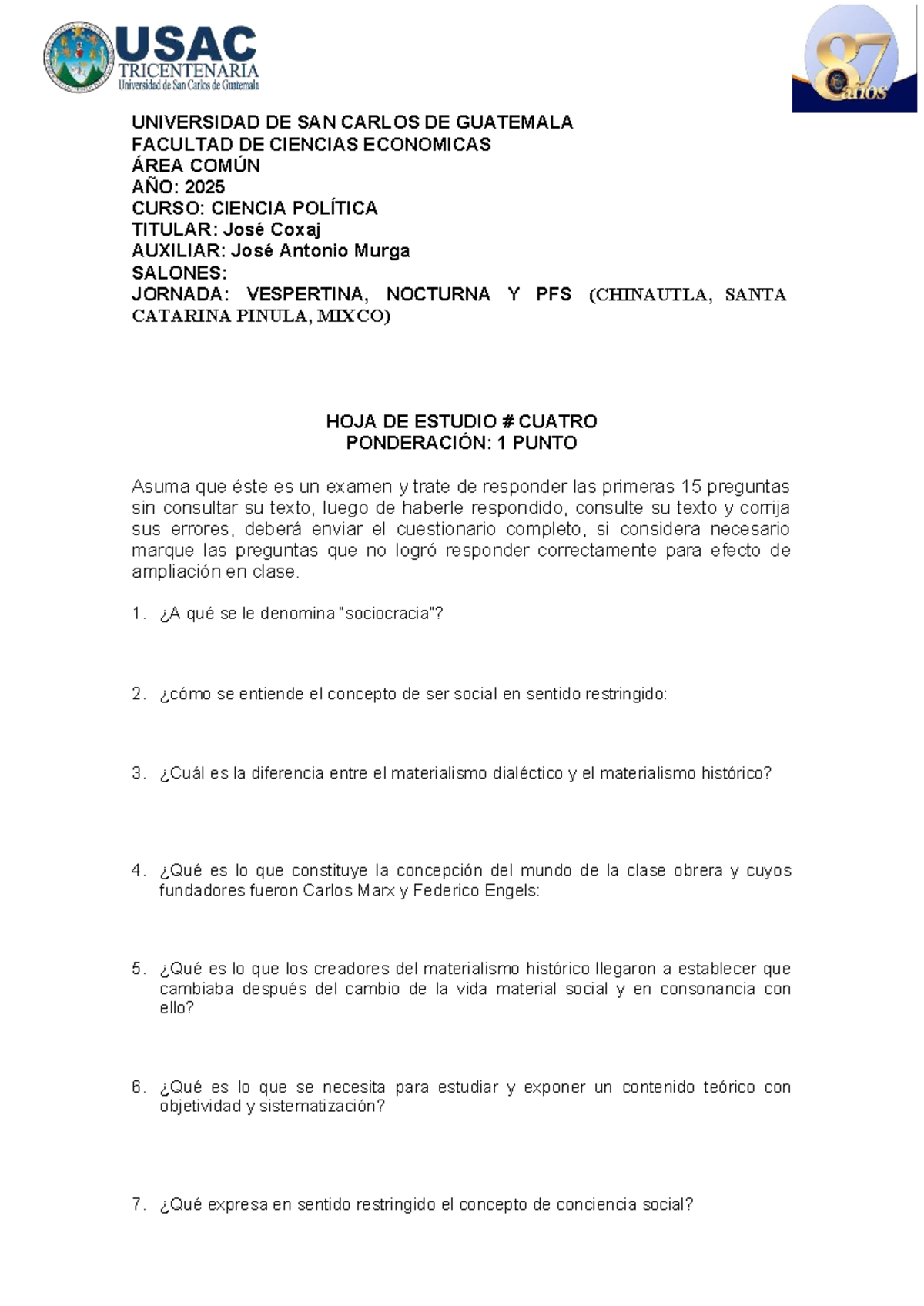 Guía de Estudio #4 - Ciencia Política (2025) - Examen y Preguntas Clave - Document Preview