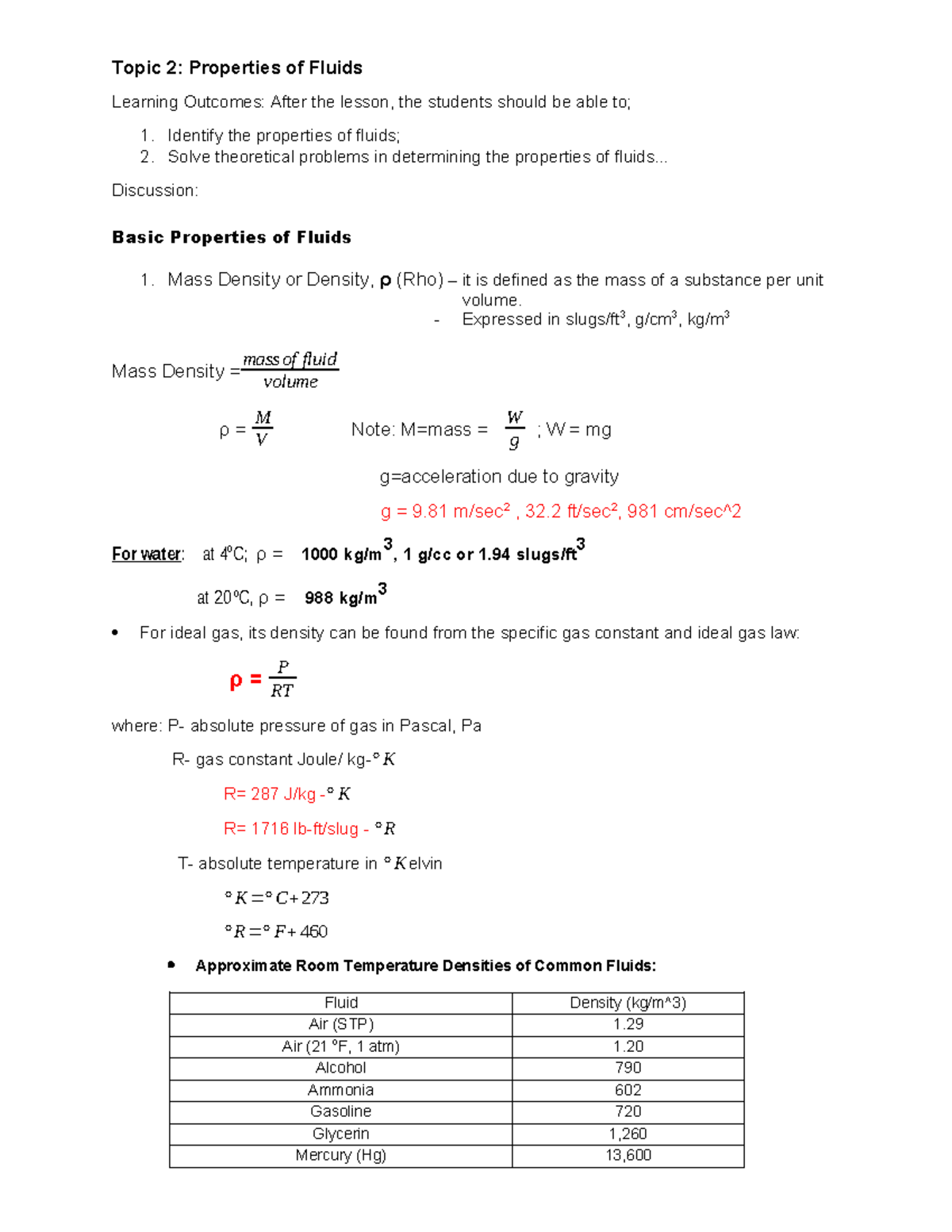 Topic 2 properties of Fluids - Topic 2: Properties of Fluids Learning ...