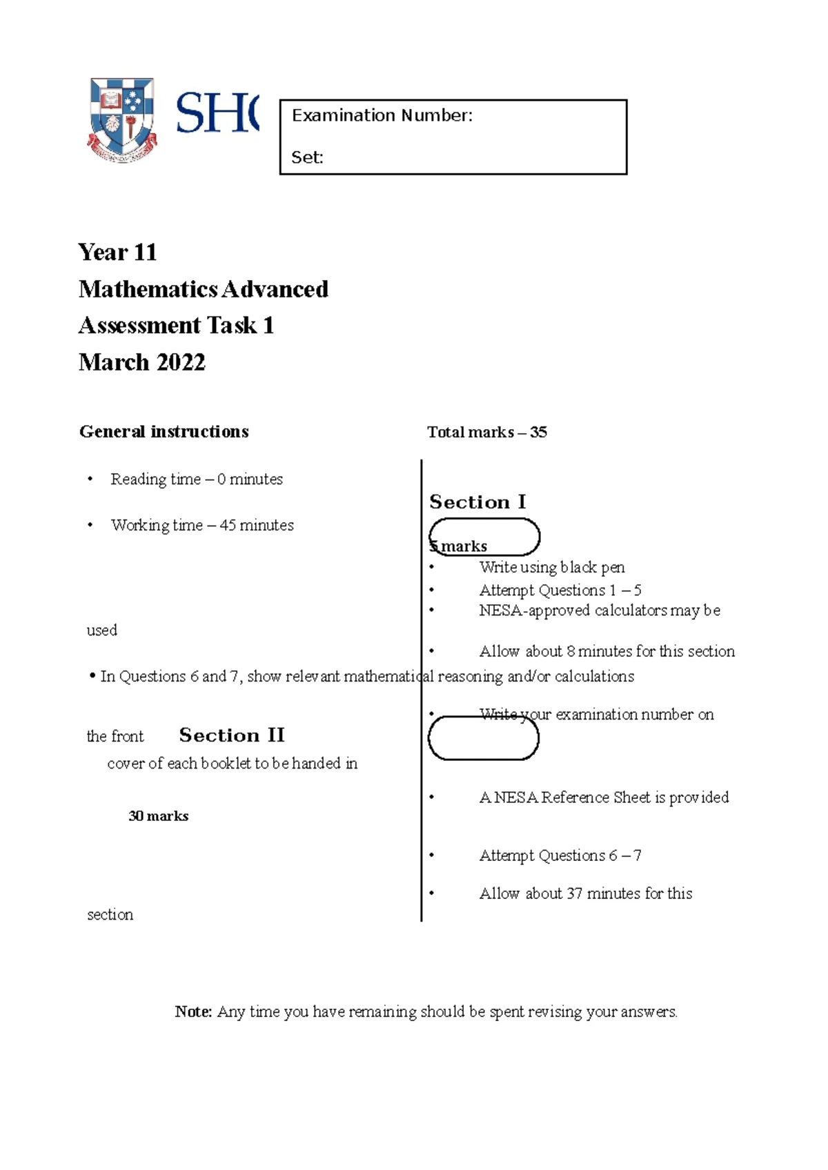 2024 HSC Year 11 Mathematics Advanced Task 2 Exam Answers - Studocu