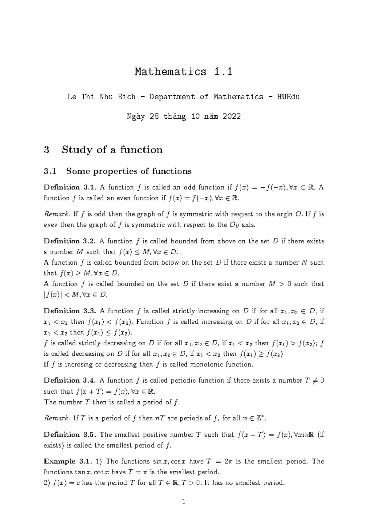 Mathematics 1.1: Study of Functions and Their Properties - Studocu
