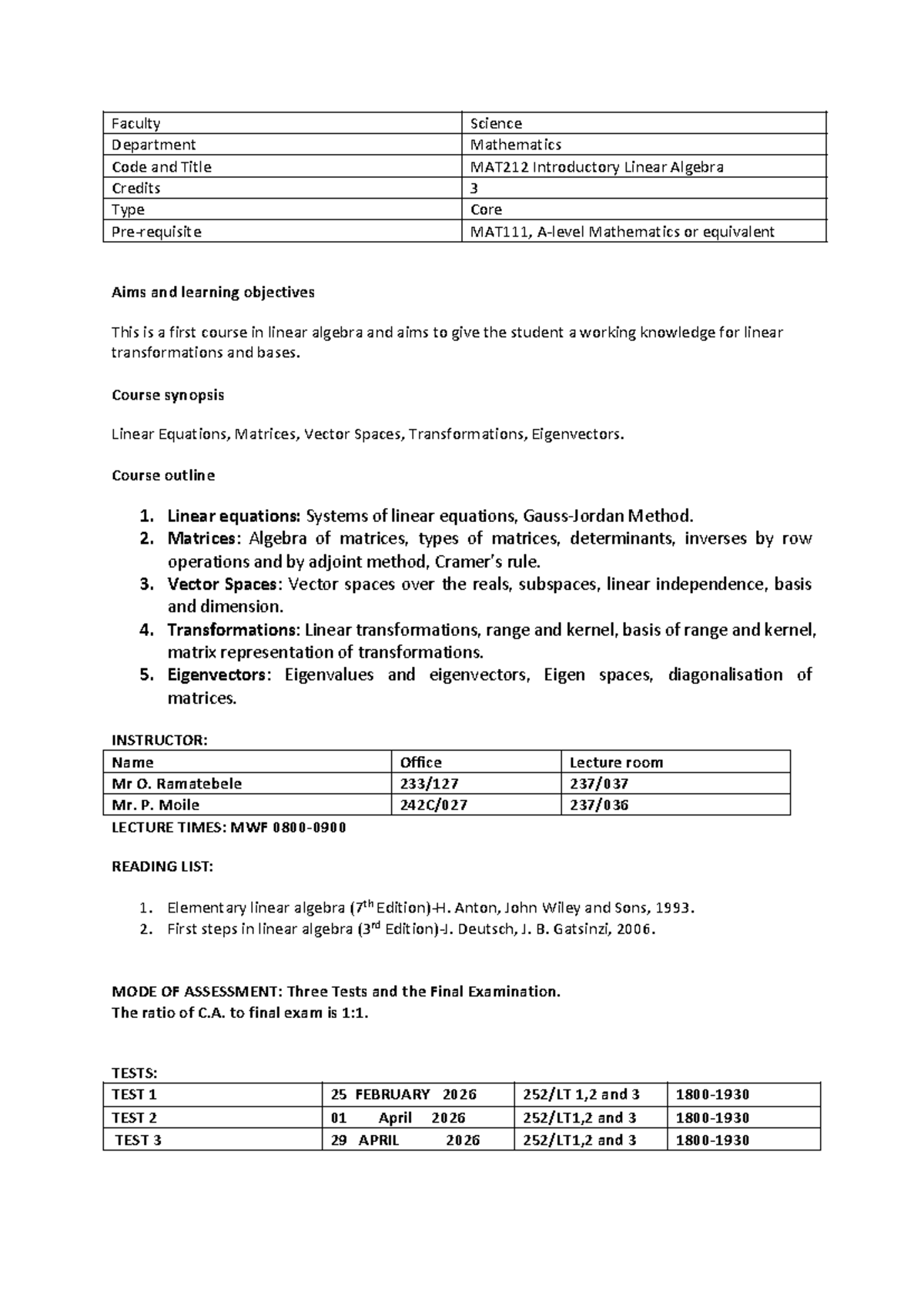 MAT212 Introductory Linear Algebra Course Outline and Assessment - Studocu