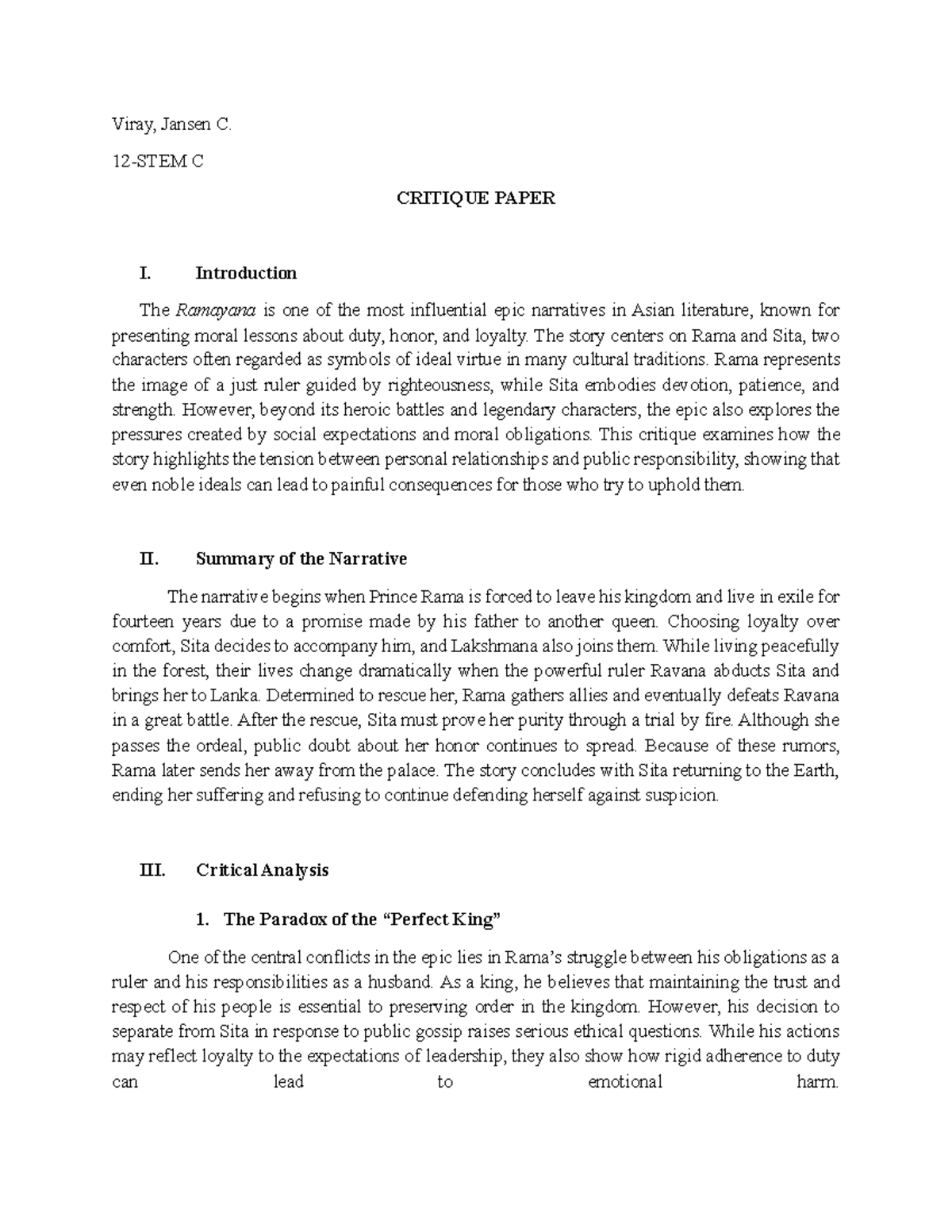 CRITIQUE PAPER I: Analyzing Duty and Honor in The Ramayana - Studocu