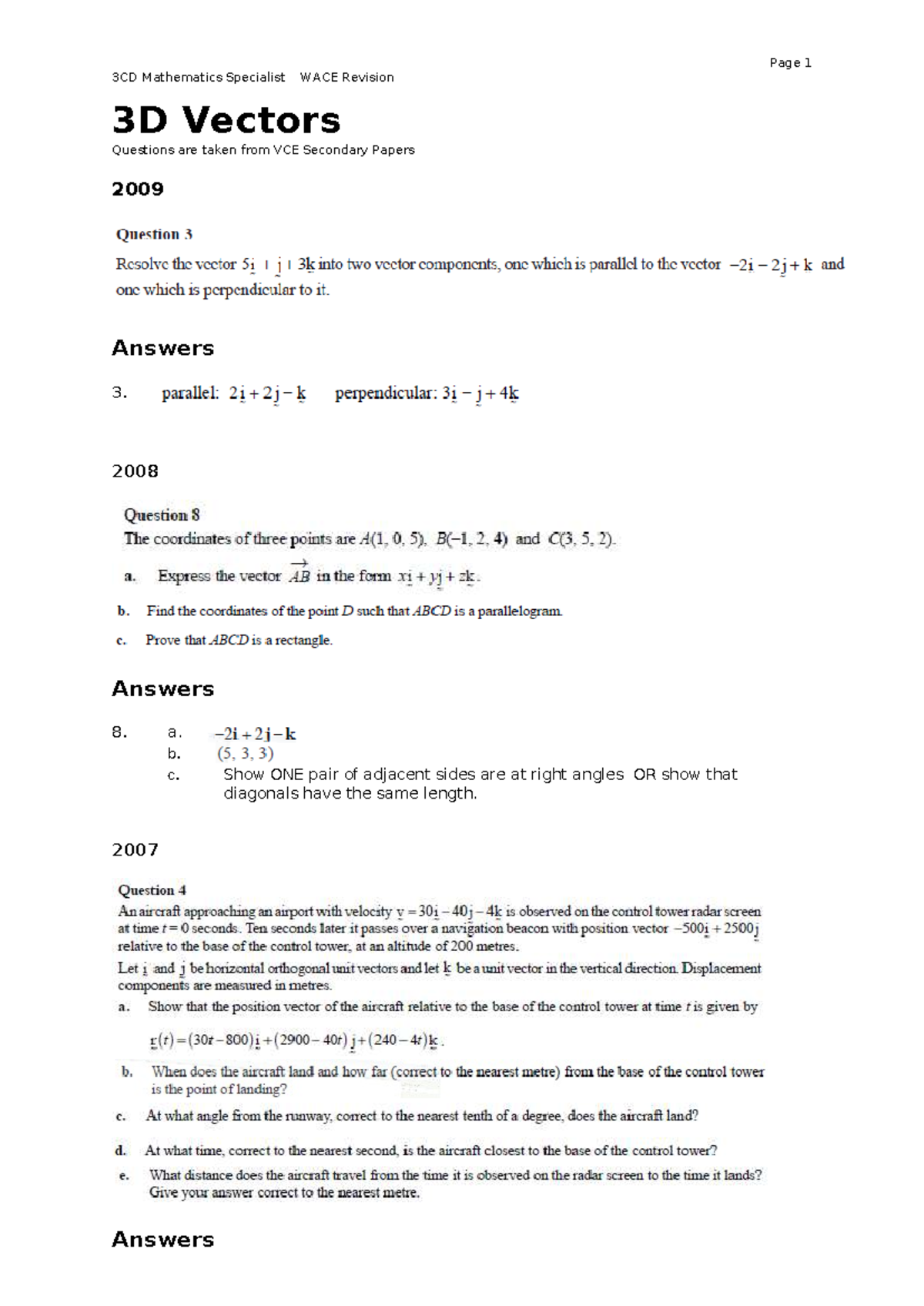 3D Vectors - www - Page 1 3CD Mathematics Specialist WACE Revision 3D ...