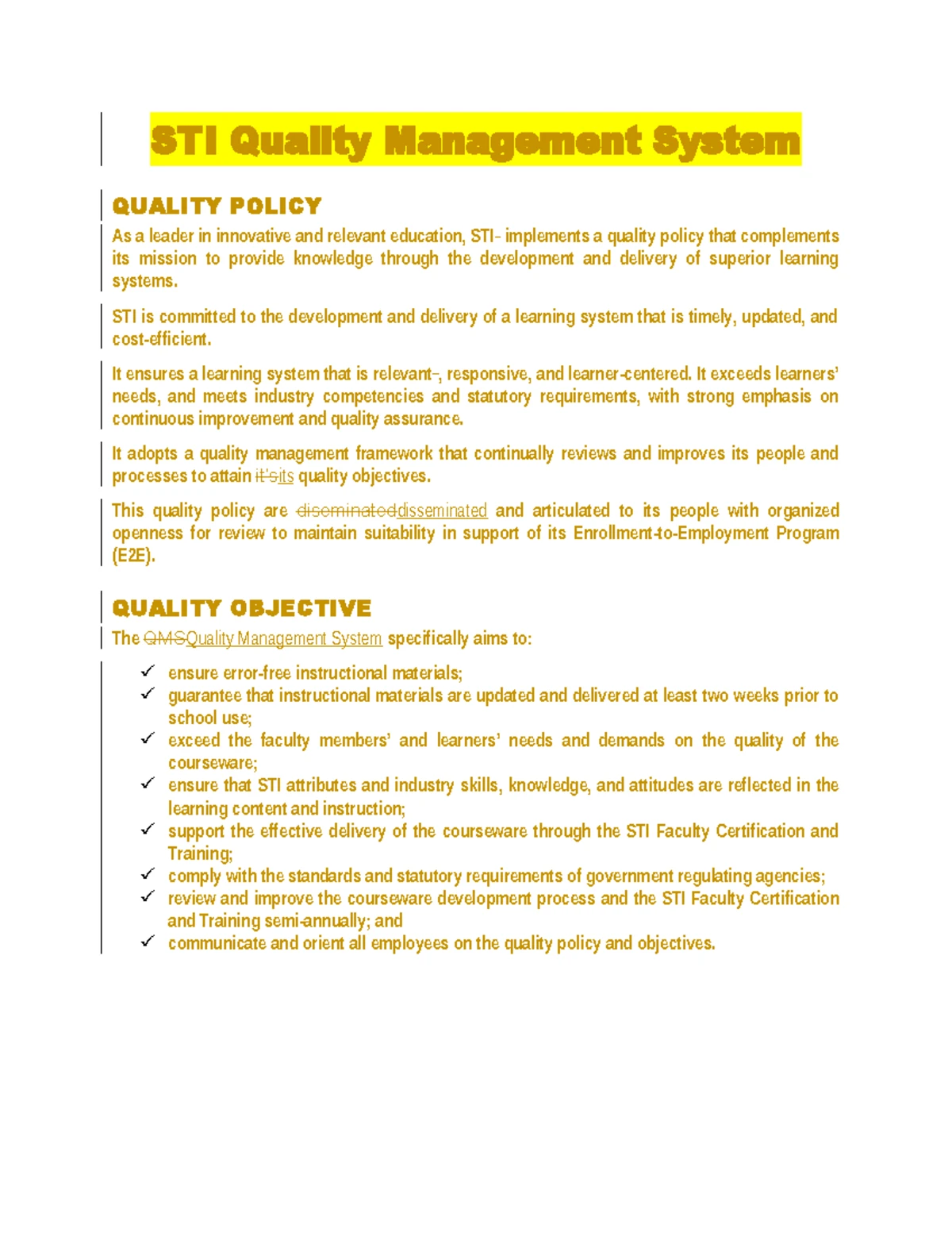 STI Quality Management System: Quality Policy & Objectives Overview ...