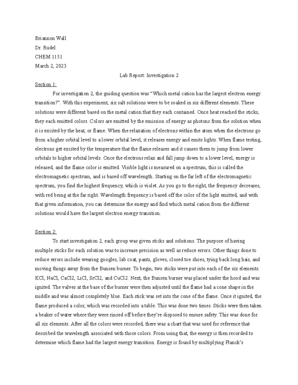 Chemistry Lab Report Two - Matthew Dowell Chemistry 1151 24 October ...