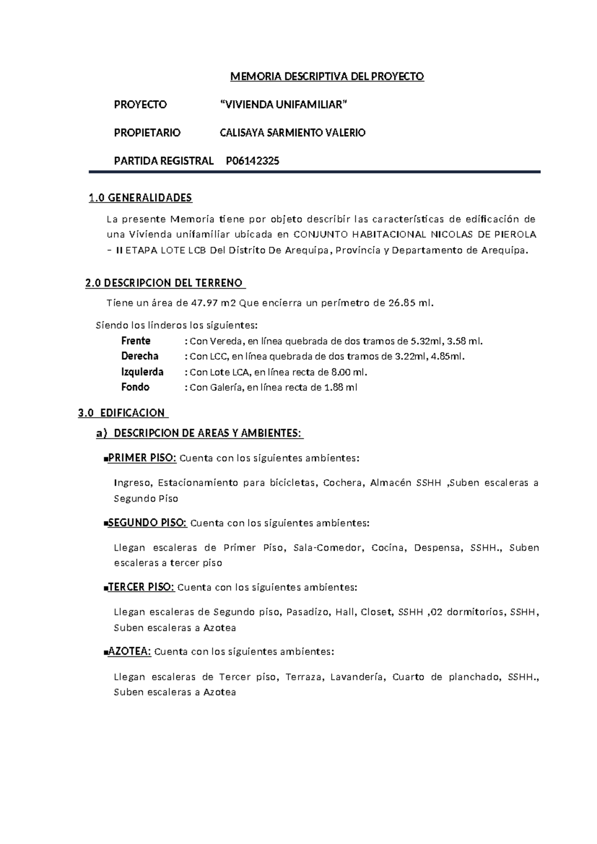 Memoria Descriptiva del Proyecto de Vivienda Unifamiliar - P06142325 ...