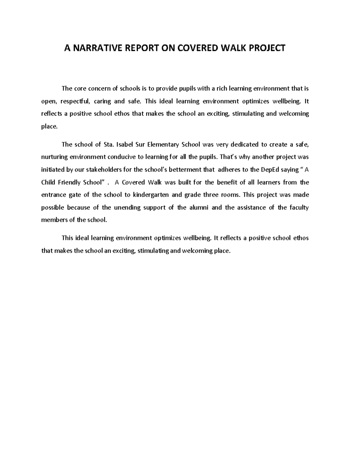 Narrative Report: Covered Walk Project for Sta. Isabel Sur Elementary ...