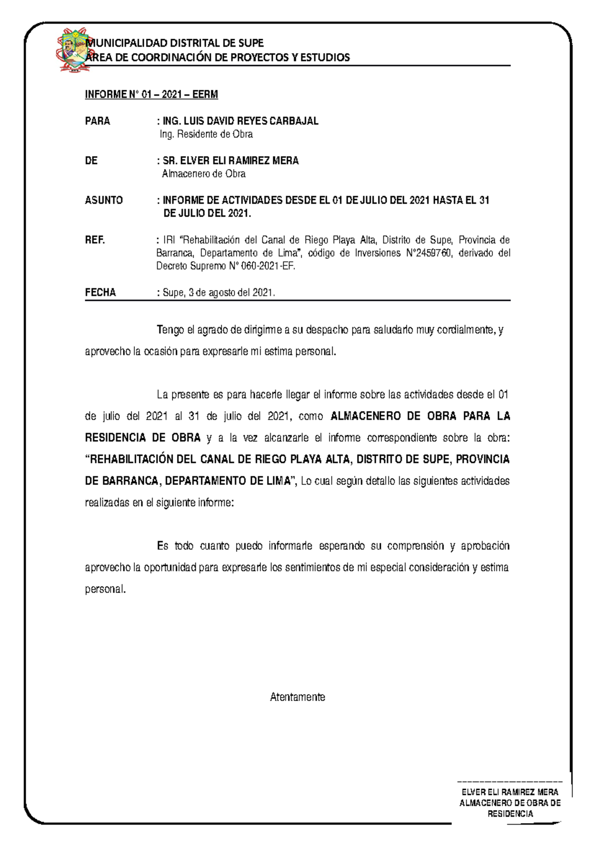 Informe de Actividades de Almacenero de Obra N°01 - Julio 2021 - Document Preview