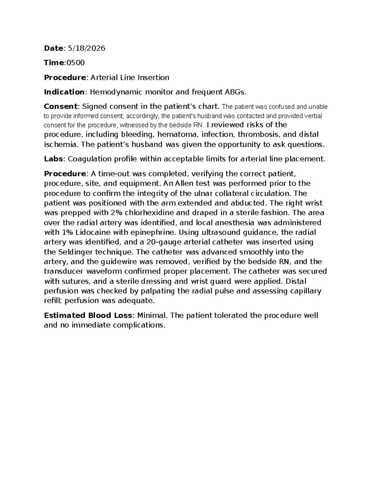 Procedure Note - 1111: Arterial Line Insertion Details - Studocu