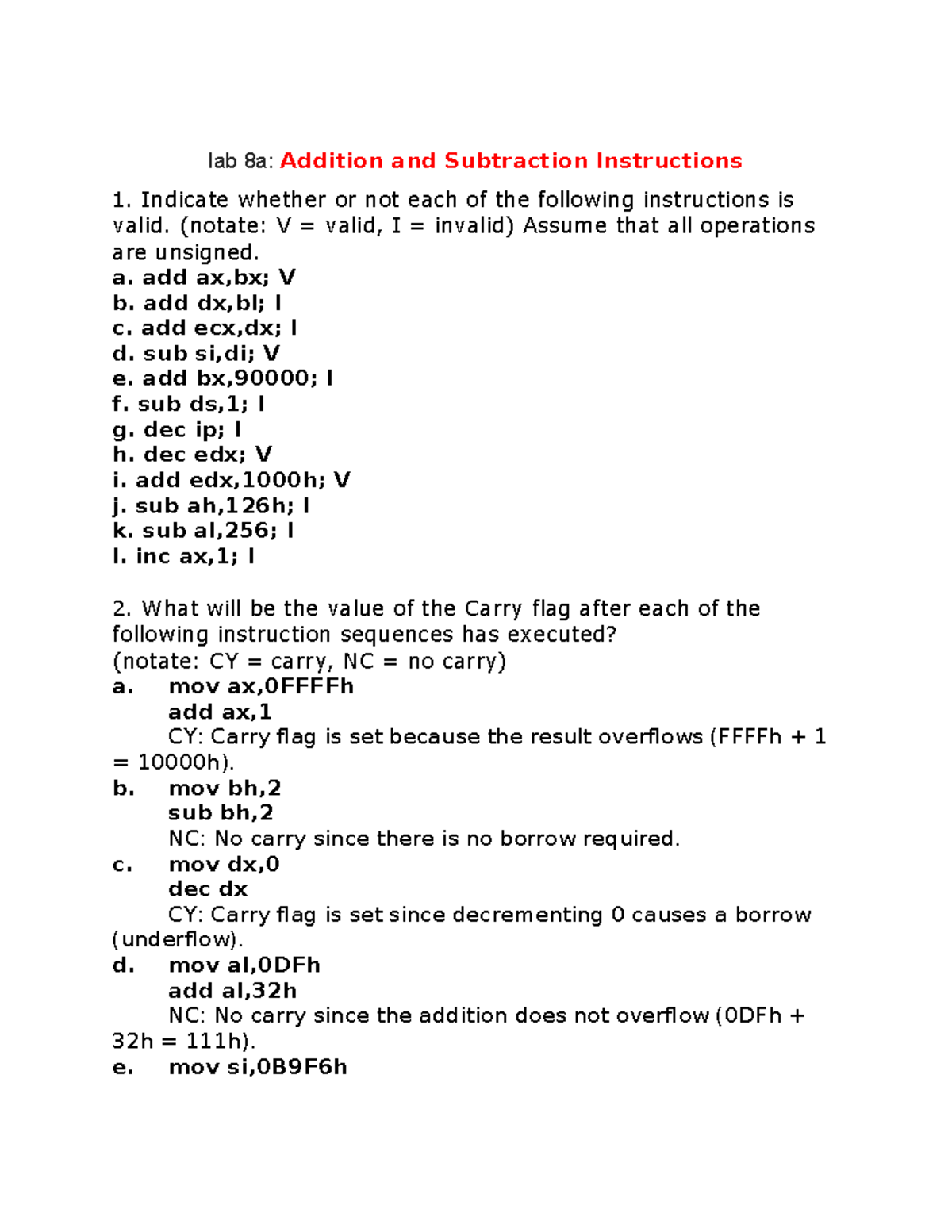 Lab 8 - Addition & Subtraction Instructions Analysis - Studocu