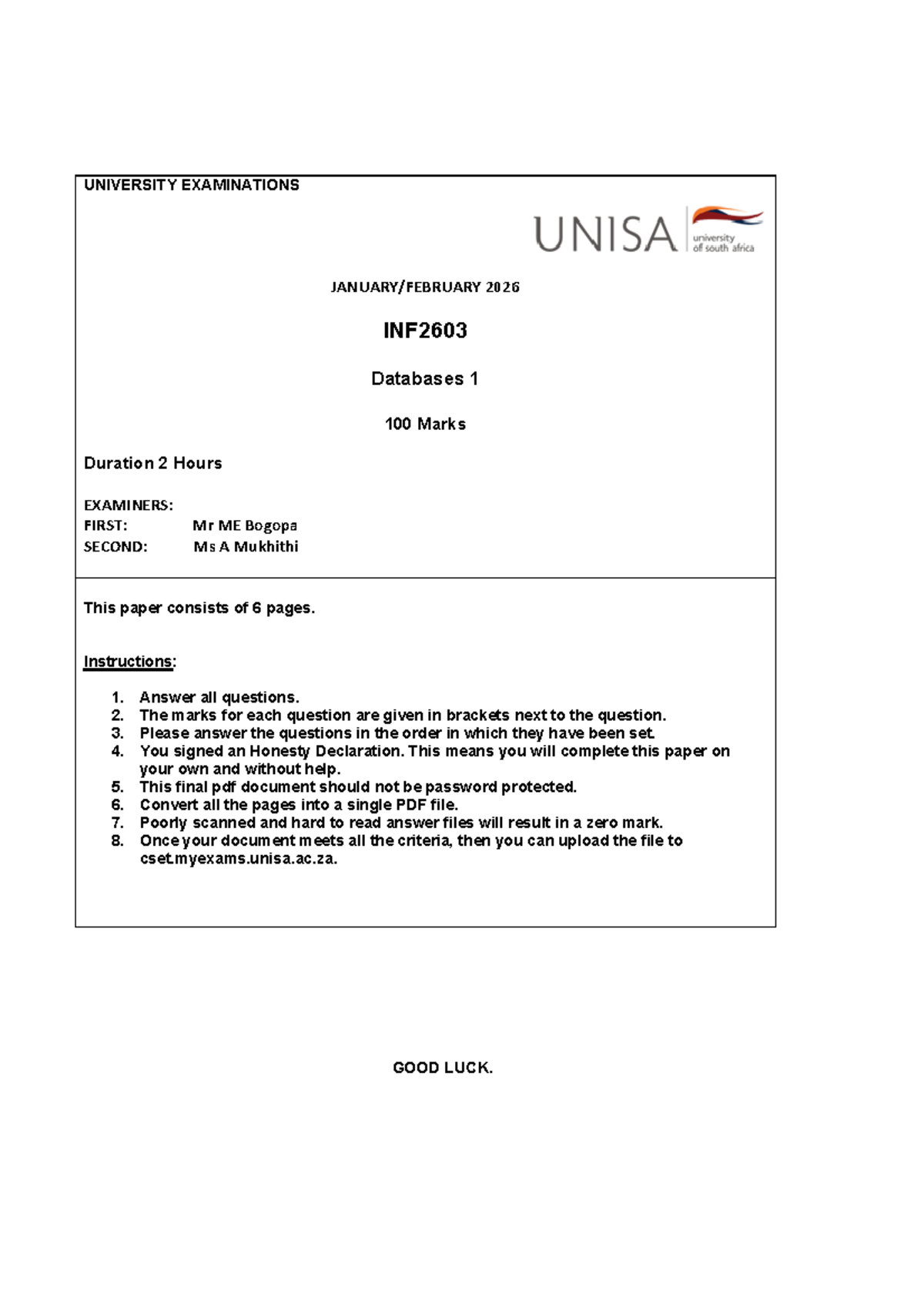 INF2603 Final Exam Jan/Feb 2026 - Databases 1 (100 Marks) - Studocu
