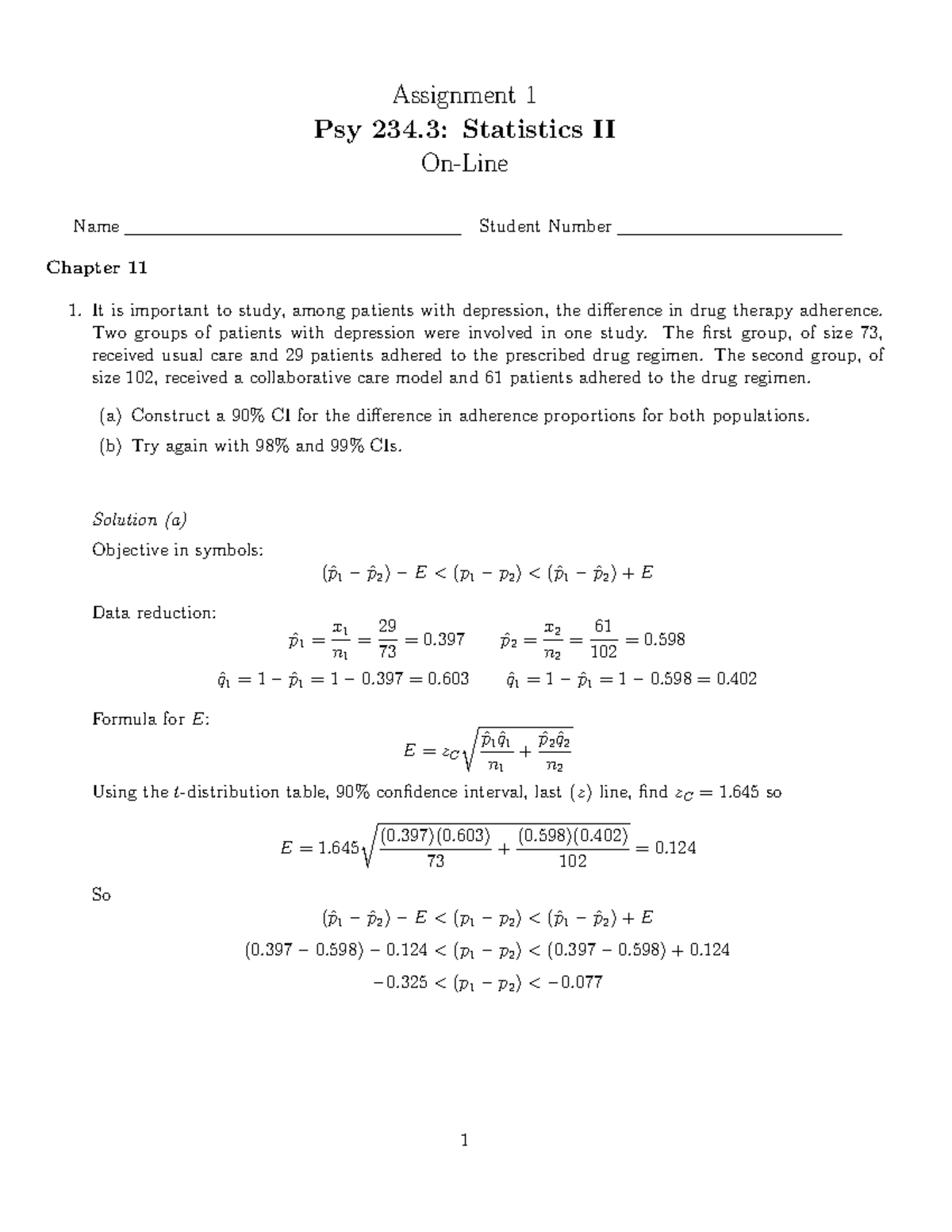 Psy 234: Statistics II Assignment 1 Answer Key and Solutions - Studocu