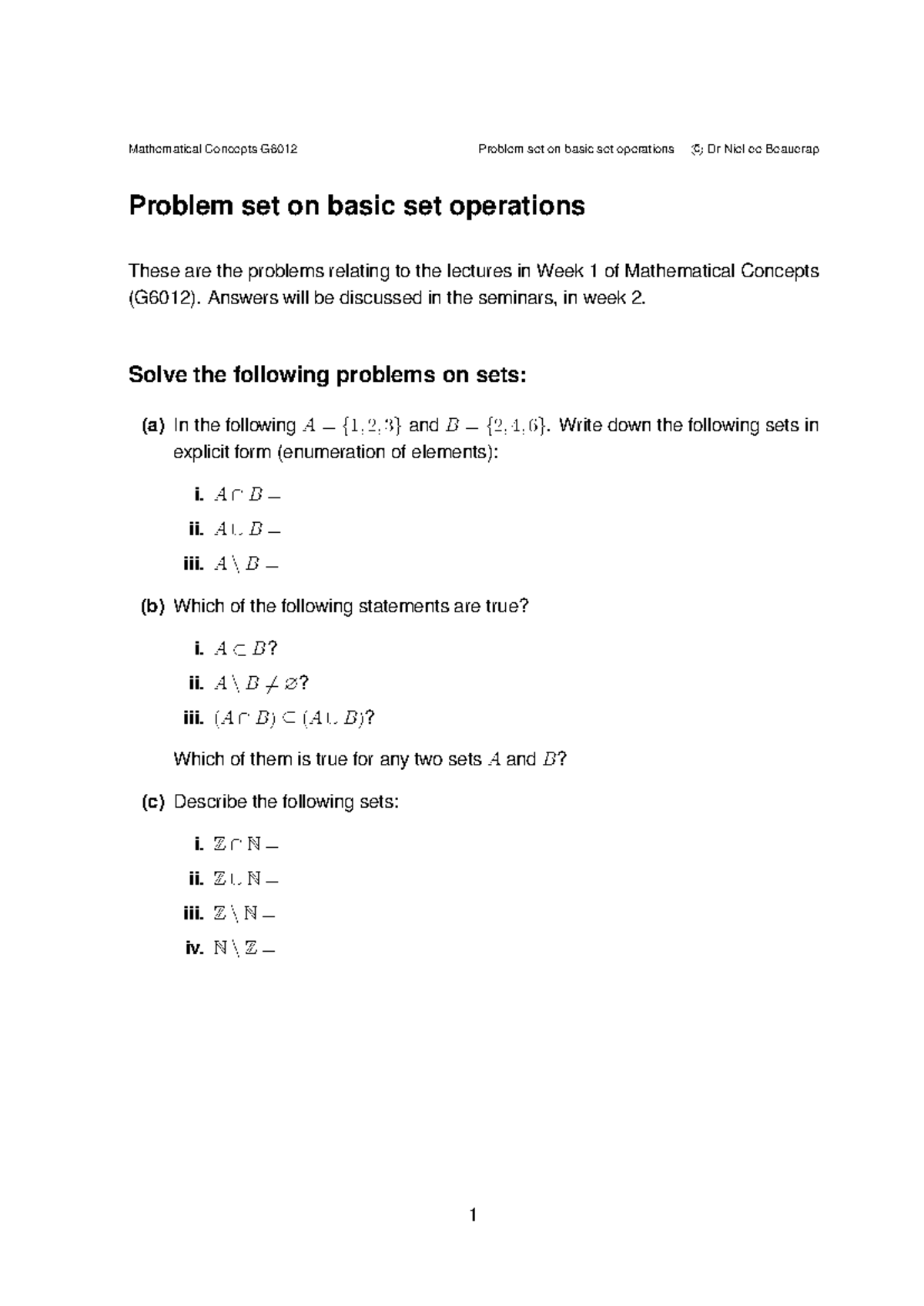 Basic Set Problems: Practice Questions from Math Concepts (G 6012 ...