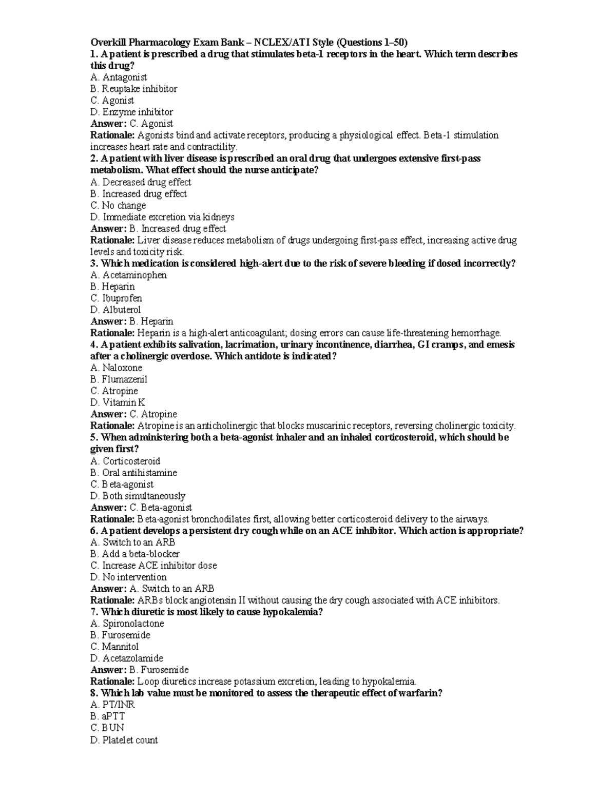 Pharm 101: Overkill Pharmacology Final Exam Question Bank - Studocu