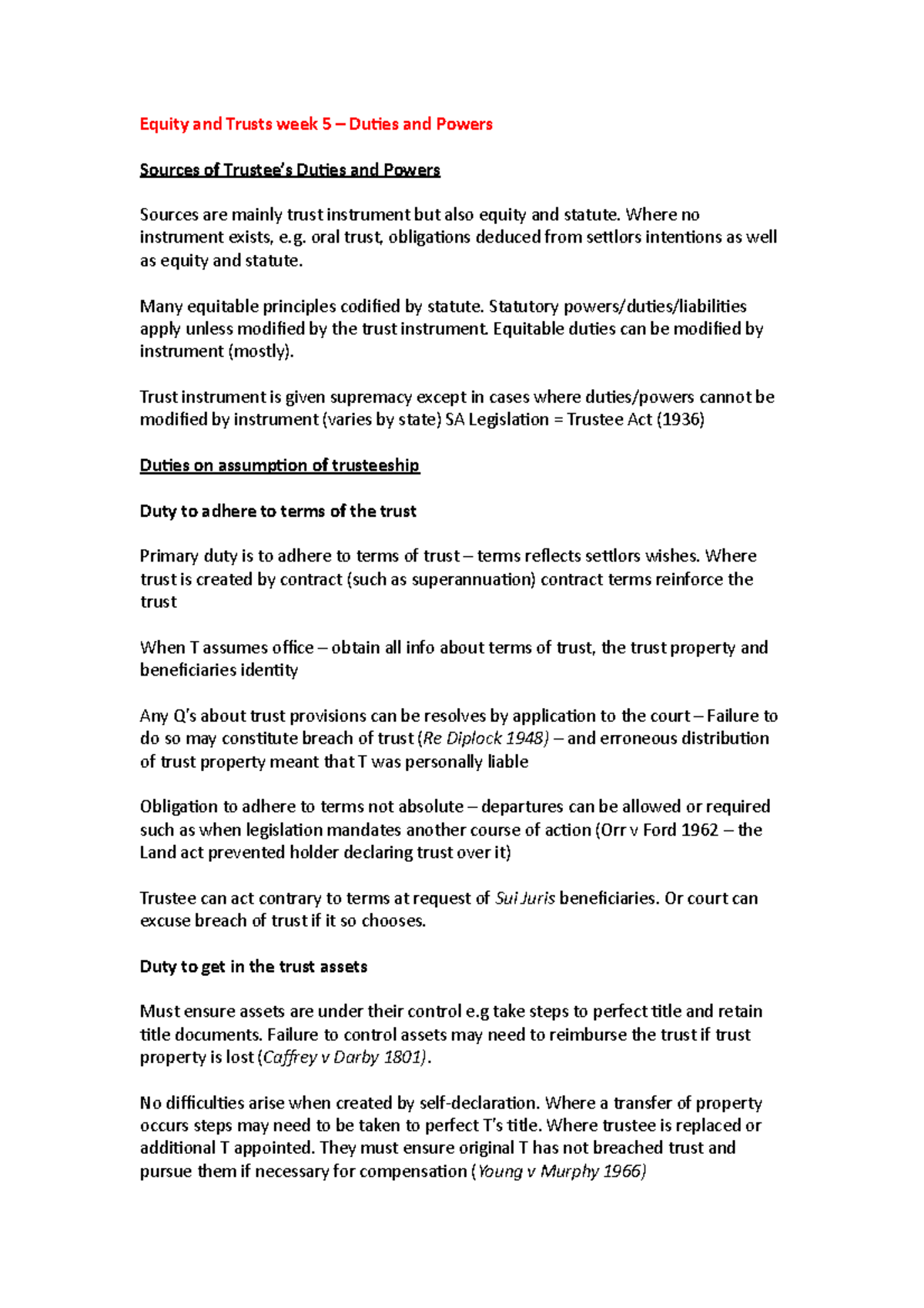 Equity and Trusts Week 5: Trustee Duties and Powers Explained - Studocu