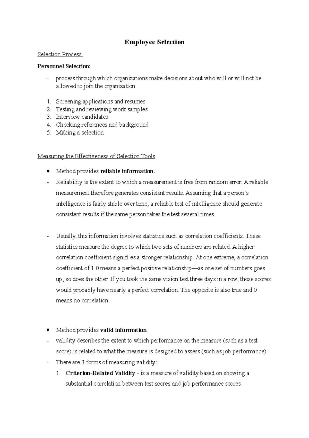 Employee Selection - Lecture Notes 4 on Personnel Selection Processes ...