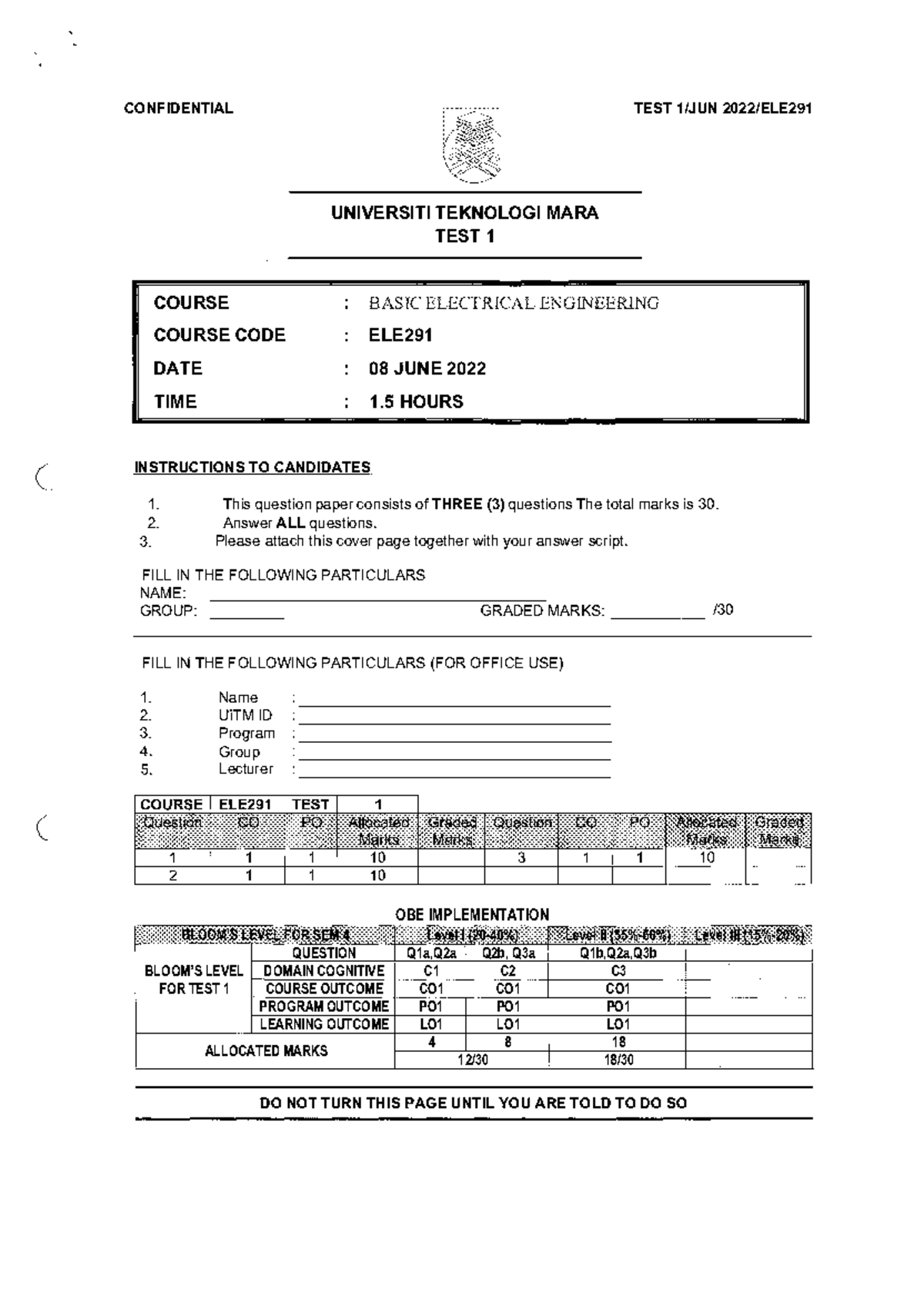 ELE291 Basic Electrical Engineering Test 1 June 2022 Documentation ...