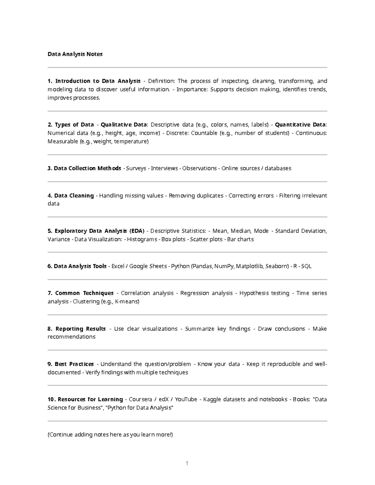 Data Analysis Notes - Introduction to Data Analysis (DA101) - Studocu