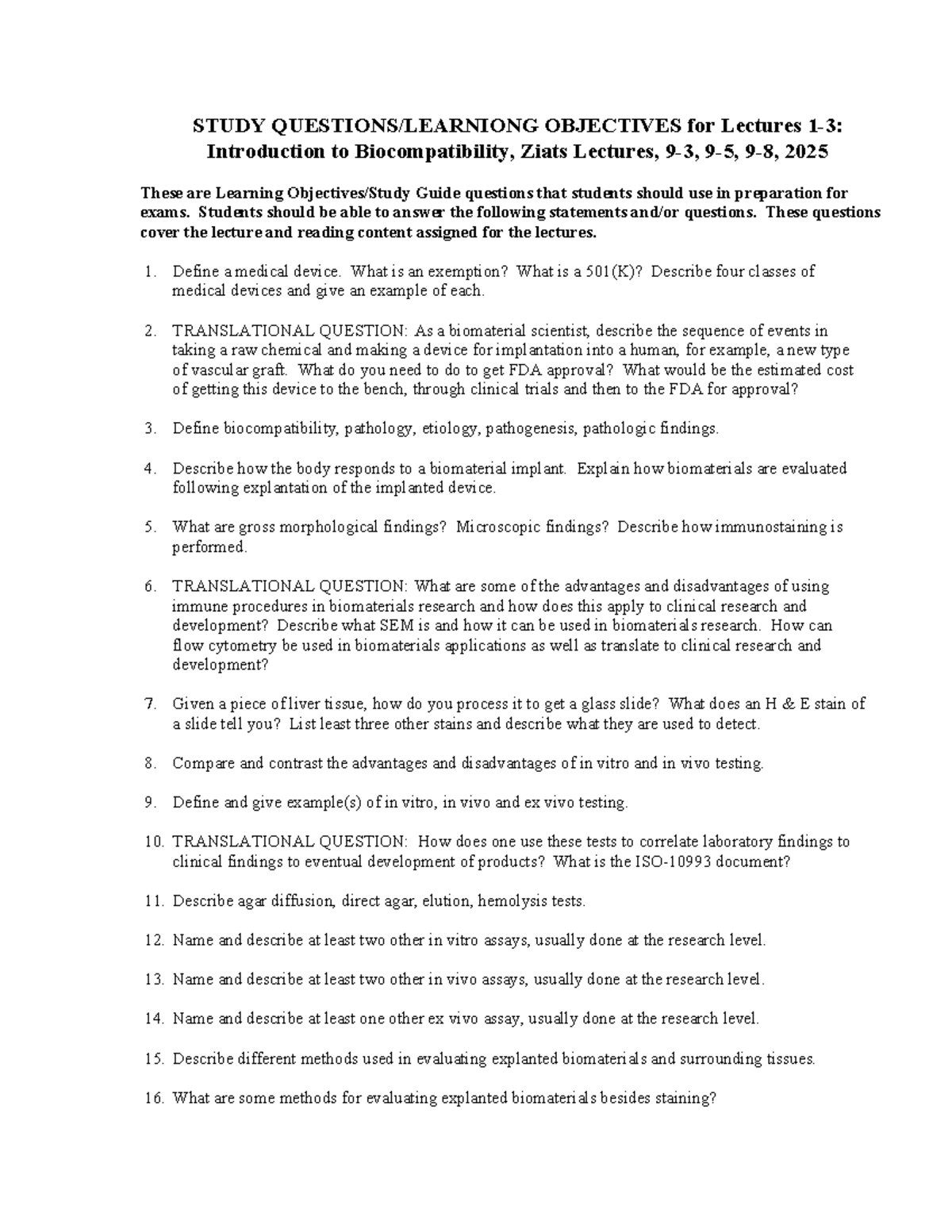 Learning Objectives & Study Questions for Biocompatibility Lectures ...