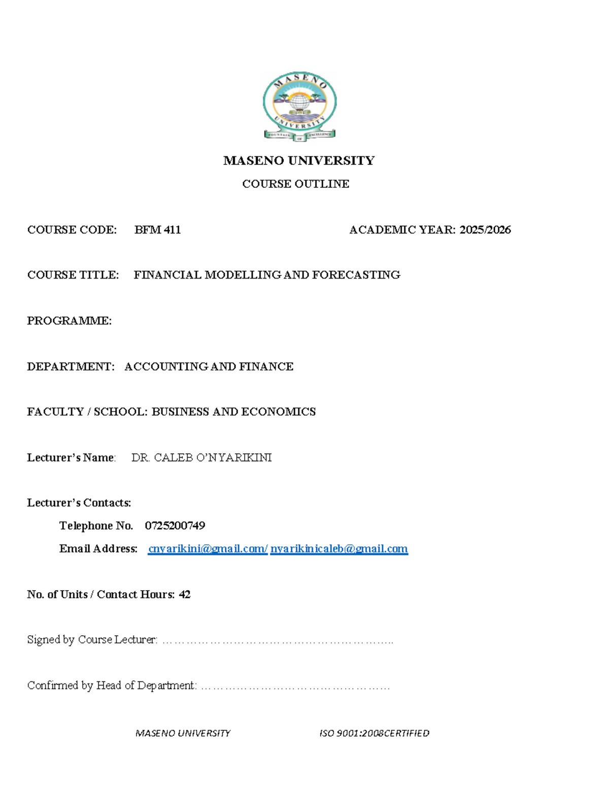 BFM 411 Course Outline: Financial Modelling & Forecasting 2025 - Studocu