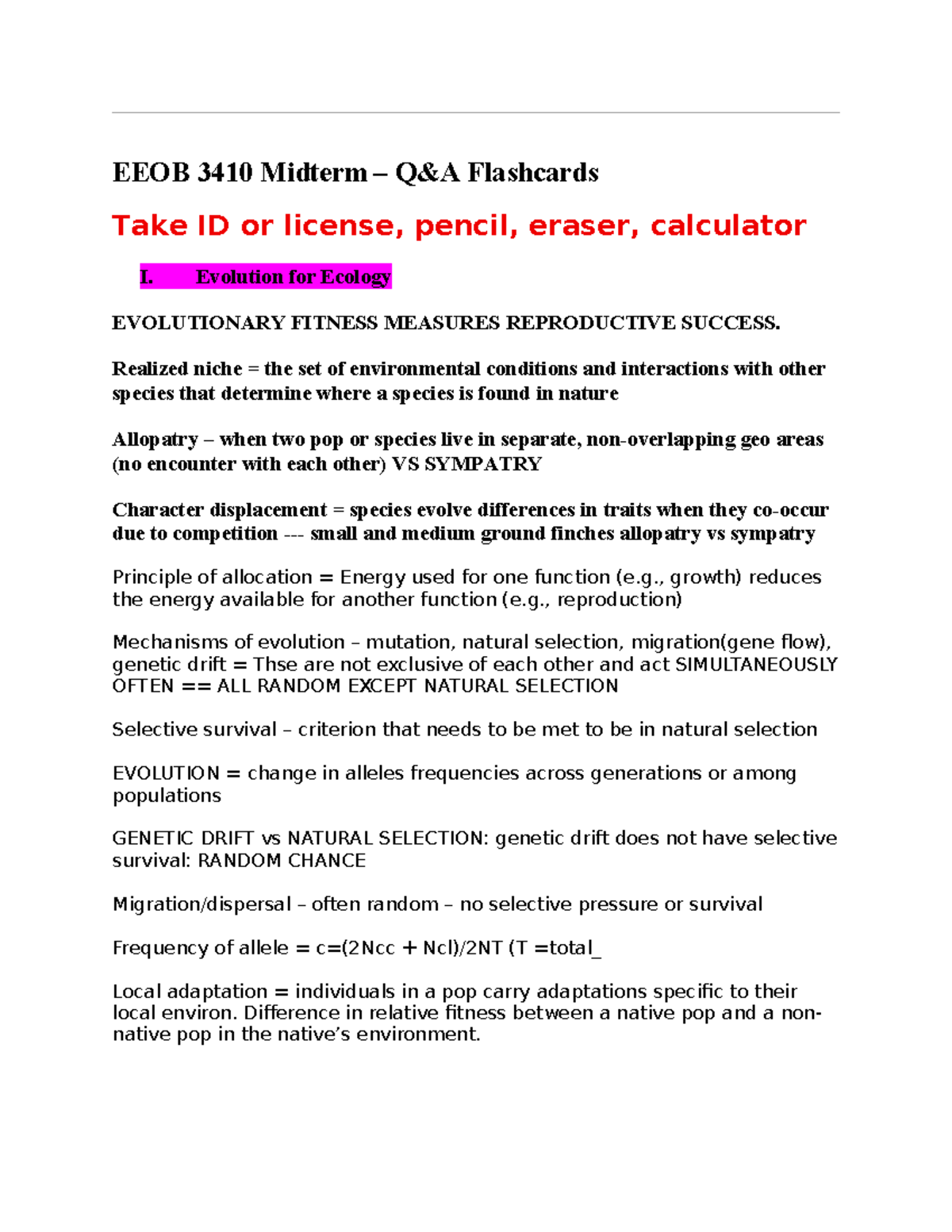 EEOB 3410 Midterm Study Guide: Evolution, Ecology & Population Dynamics ...