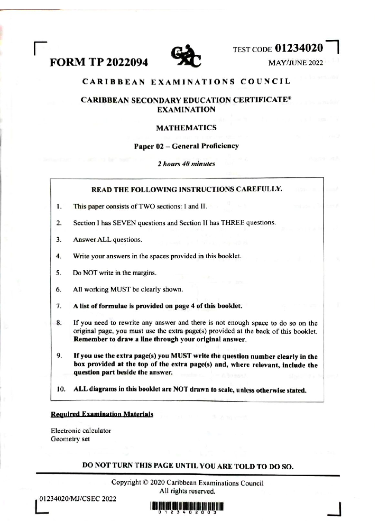 CSEC June 2022 P2 - MATH - TEST CODE 01234020 FORM TP 2022094 2022 ...