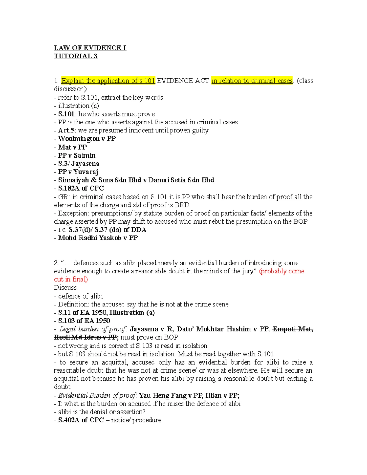 LAW OF EVIDENCE I: Tutorial 2 Questions Analysis and Evaluation - Studocu