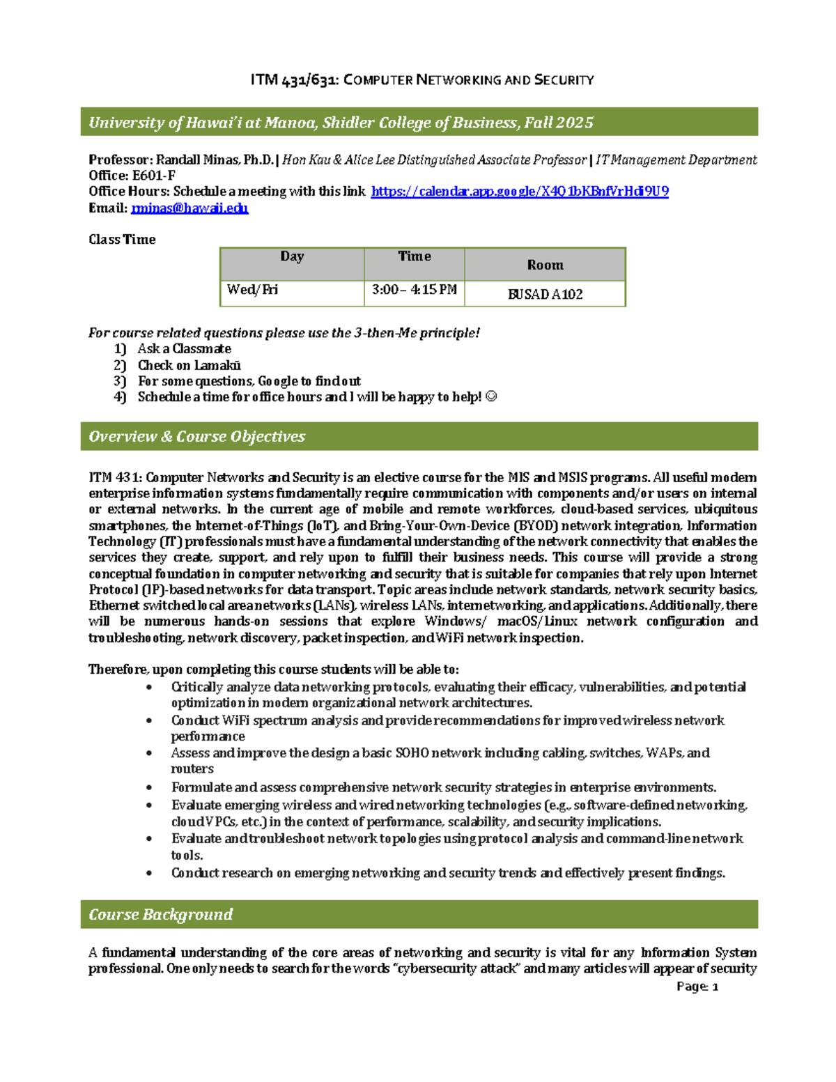 ITM 631: Computer Networking and Security Syllabus - Fall 2025 - Studocu