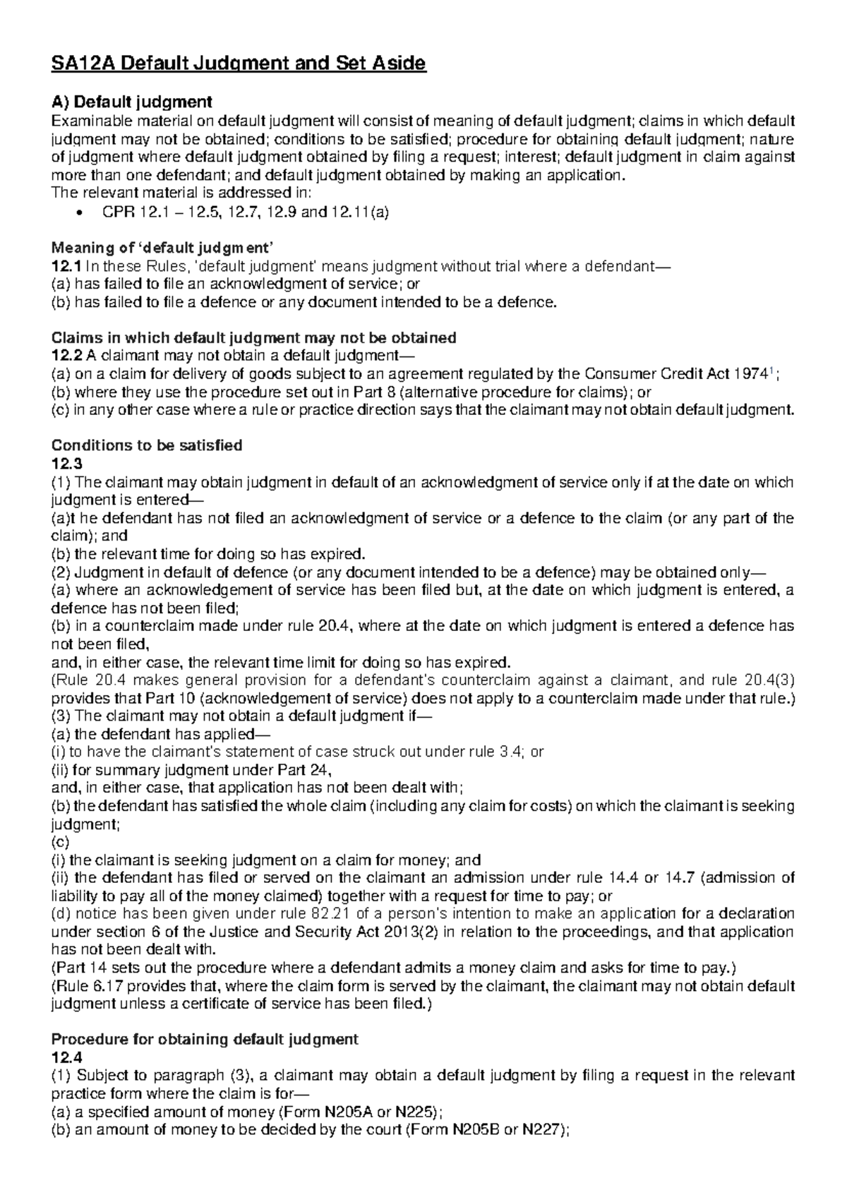 SA12A Default Judgment & Set Aside: Key Concepts & Procedures - Studocu