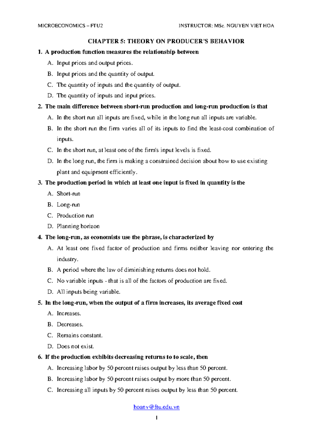 MICROECONOMICS FTU2 CHAPTER 5: PRODUCTION THEORY MCQs - Studocu