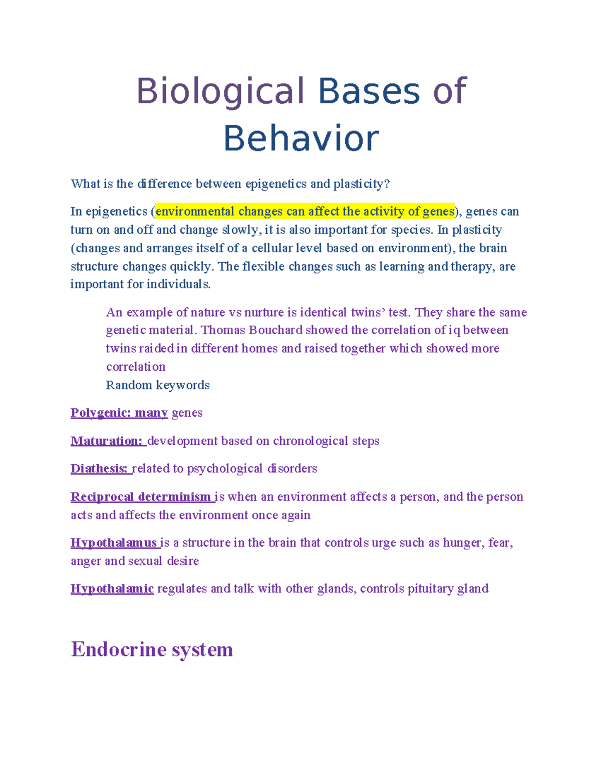 AP psych Biological Bases of Behavior unit 2 - Biological Bases of ...
