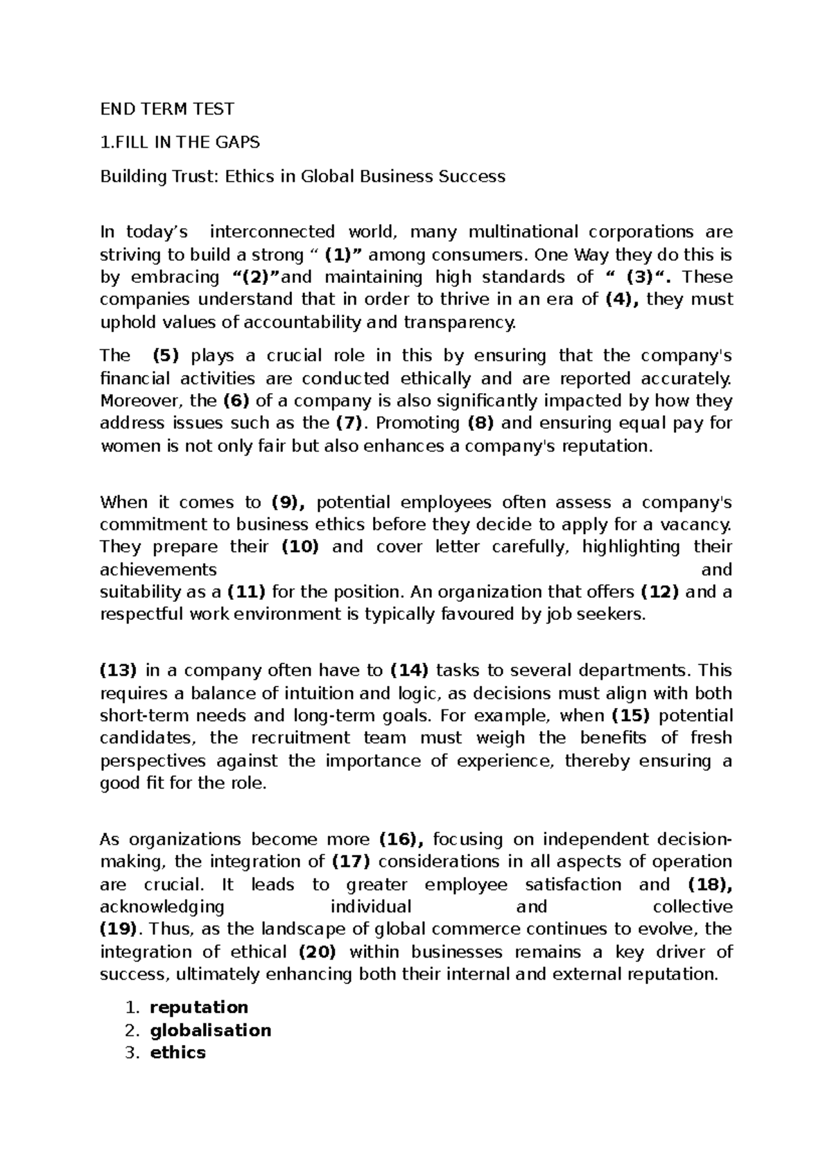 END TERM TEST: Building Trust & Ethics in Global Business Success - Studocu