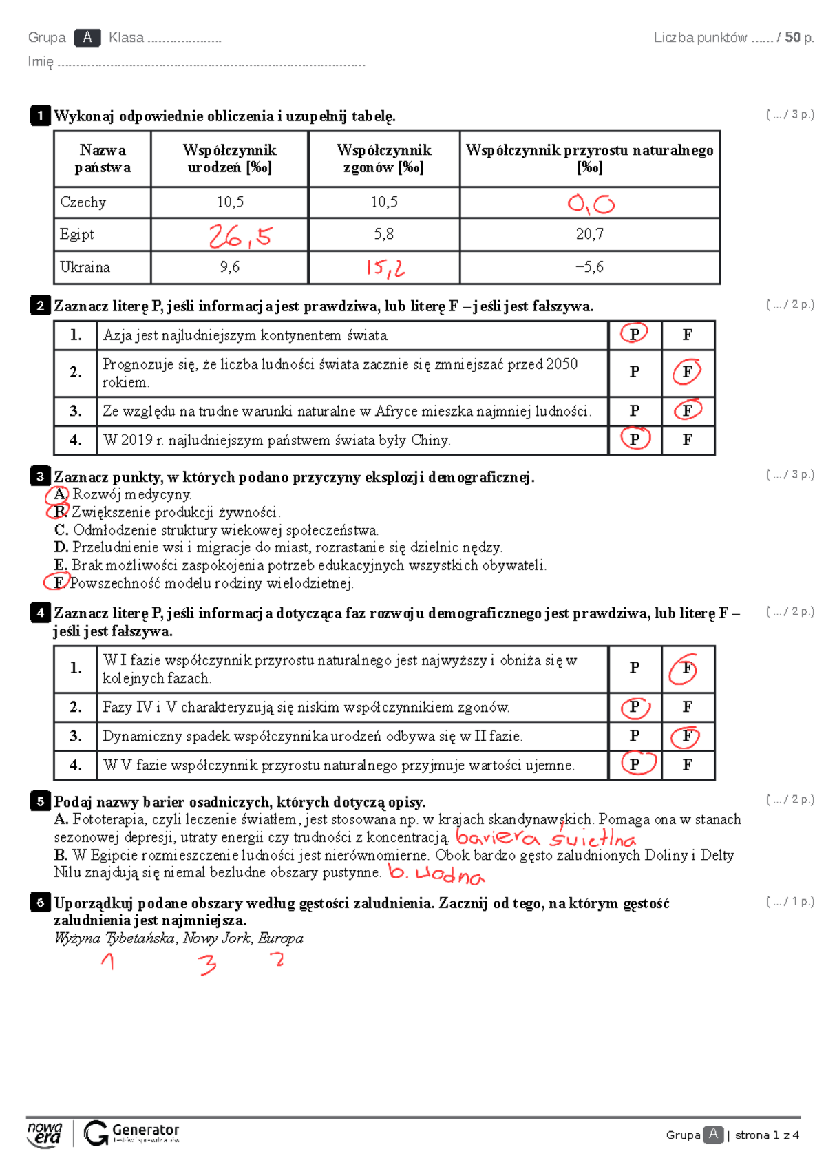 Sprawdzian Geografia Demografia I Osadnictwo